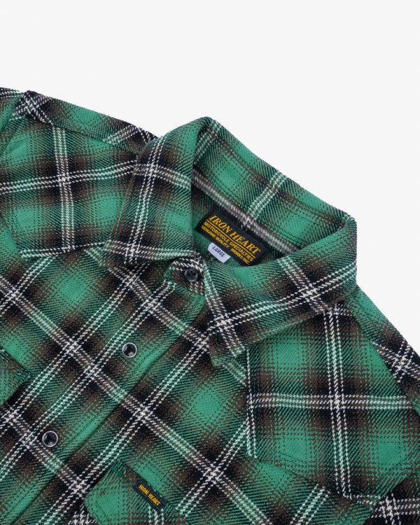 Iron Heart IHSH 405 12oz Ultra Heavy Flannel Check Western Shirt for Men - Green Plaid Workwear Shirt - Durable Outdoor & Casual Wear for Ranch, Camping & Fall Fashion