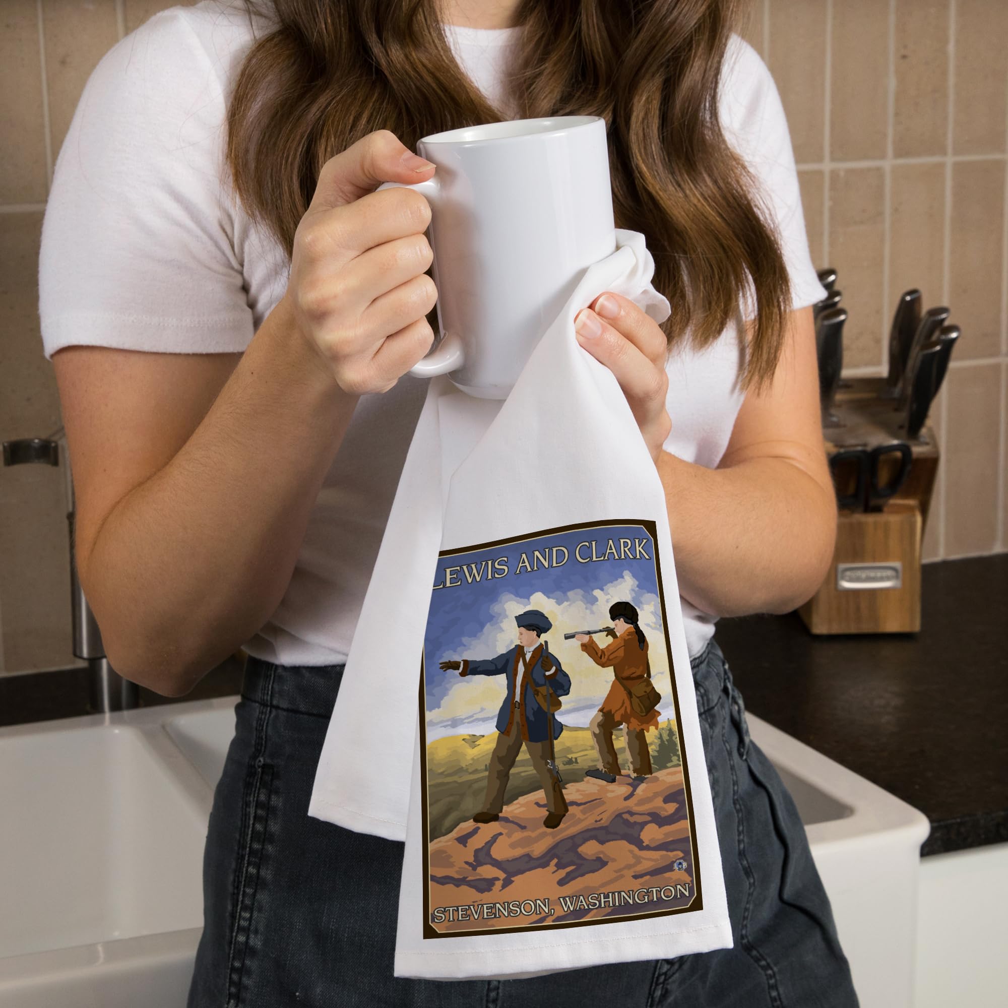 Lantern Press Stevenson Washington Lewis and Clark 100% Cotton Tea Towel - Decorative Hand Towel for Kitchen & Home Decor | Perfect for Dish Drying, Gift Giving, and Farmhouse Style Decor
