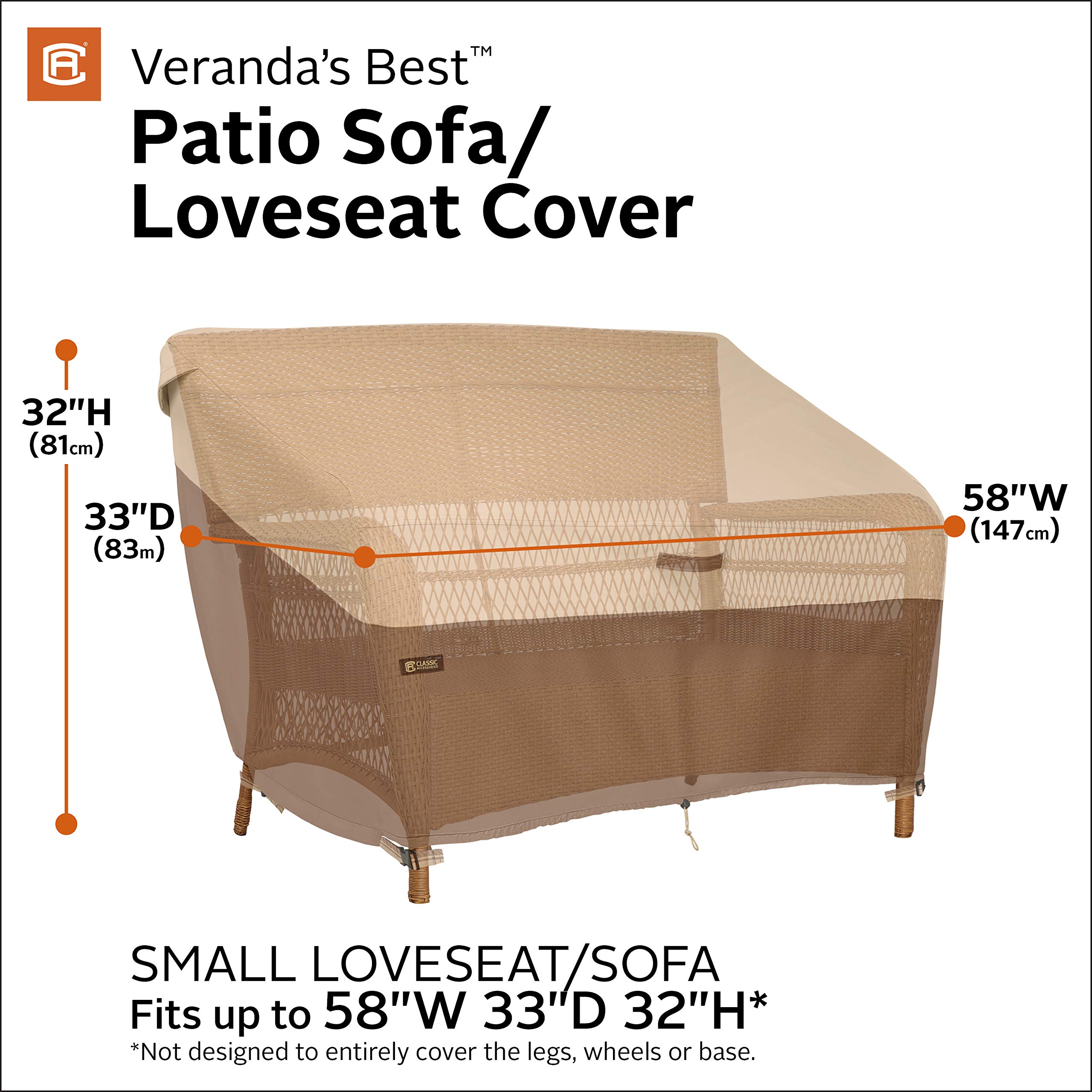 Classic Accessories Veranda's Best Waterproof Patio Sofa/Loveseat Cover 58x33x32 Inch – Durable Outdoor Furniture Protection for All Seasons