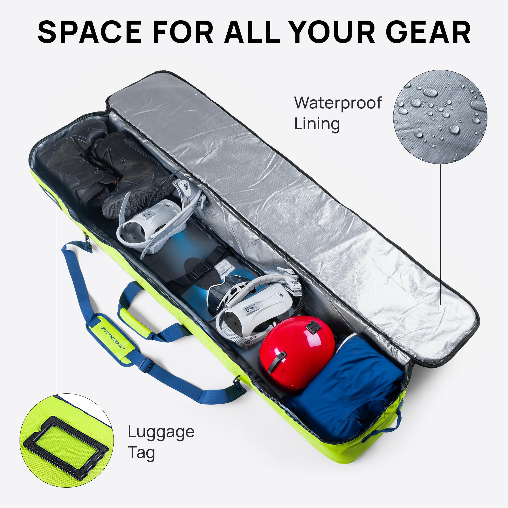 **Padded Waterproof Snowboard Travel Bag for Airplanes - Up to 165cm Snowboards - Durable & Protective for Flying, Storage & Transport**    *Perfect for air travel, mountain trips, and secure snowboard storage.*
