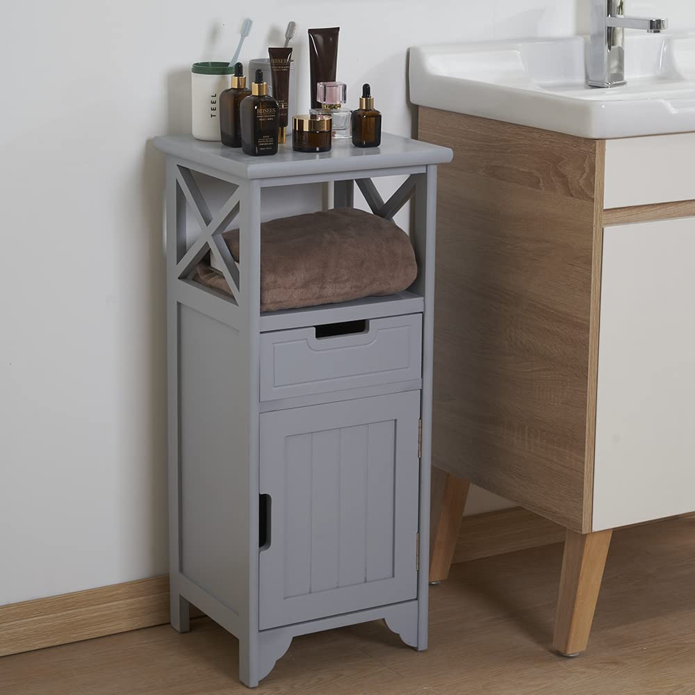 Tall Nightstand with Shelf & Drawer - Fully Assembled Narrow End Table with Door for Bedroom, Bathroom, Entryway - Gray - Perfect for Small Spaces & Storage Solutions