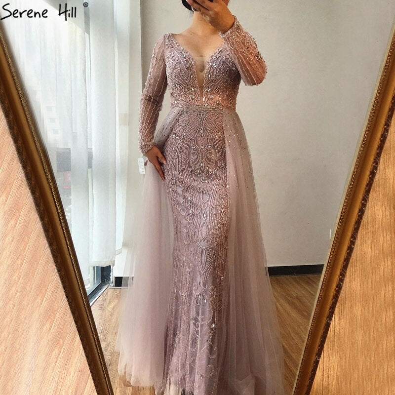 Elegant Dubai Grey V-Neck Long Sleeve Mermaid Evening Dress with Crystal Beading - Luxury Formal Gown for Prom, Wedding & Black Tie Events (CLA70433)
