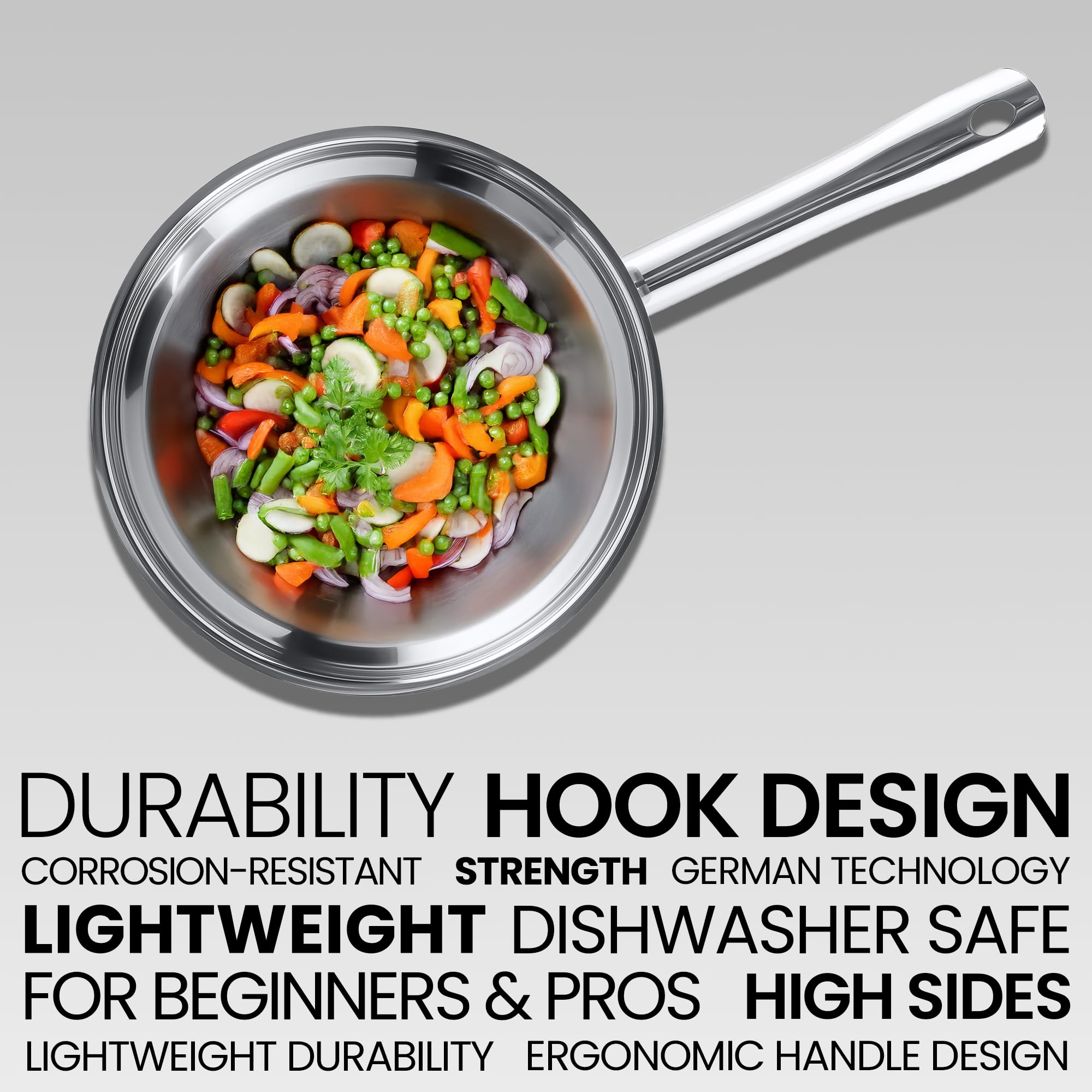 3-Piece Stainless Steel Frying Pan Set (8, 10 & 12 Inch) - Tri-Ply Induction Cookware for Gas, Electric & Ceramic Stoves - Oven Safe Skillets for Healthy Cooking - Perfect for Searing, Sautéing & Frying Family Meals