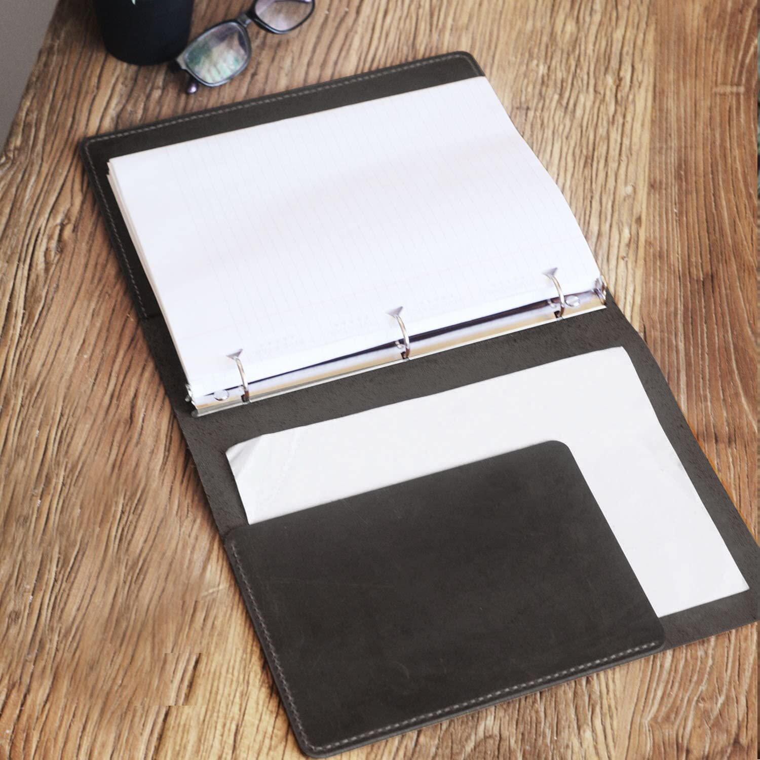 Premium Distressed Black Leather 3-Ring Binder Cover for 8.5 x 11 Refill Paper - Professional Portfolio Organizer for Office, School & Business Meetings