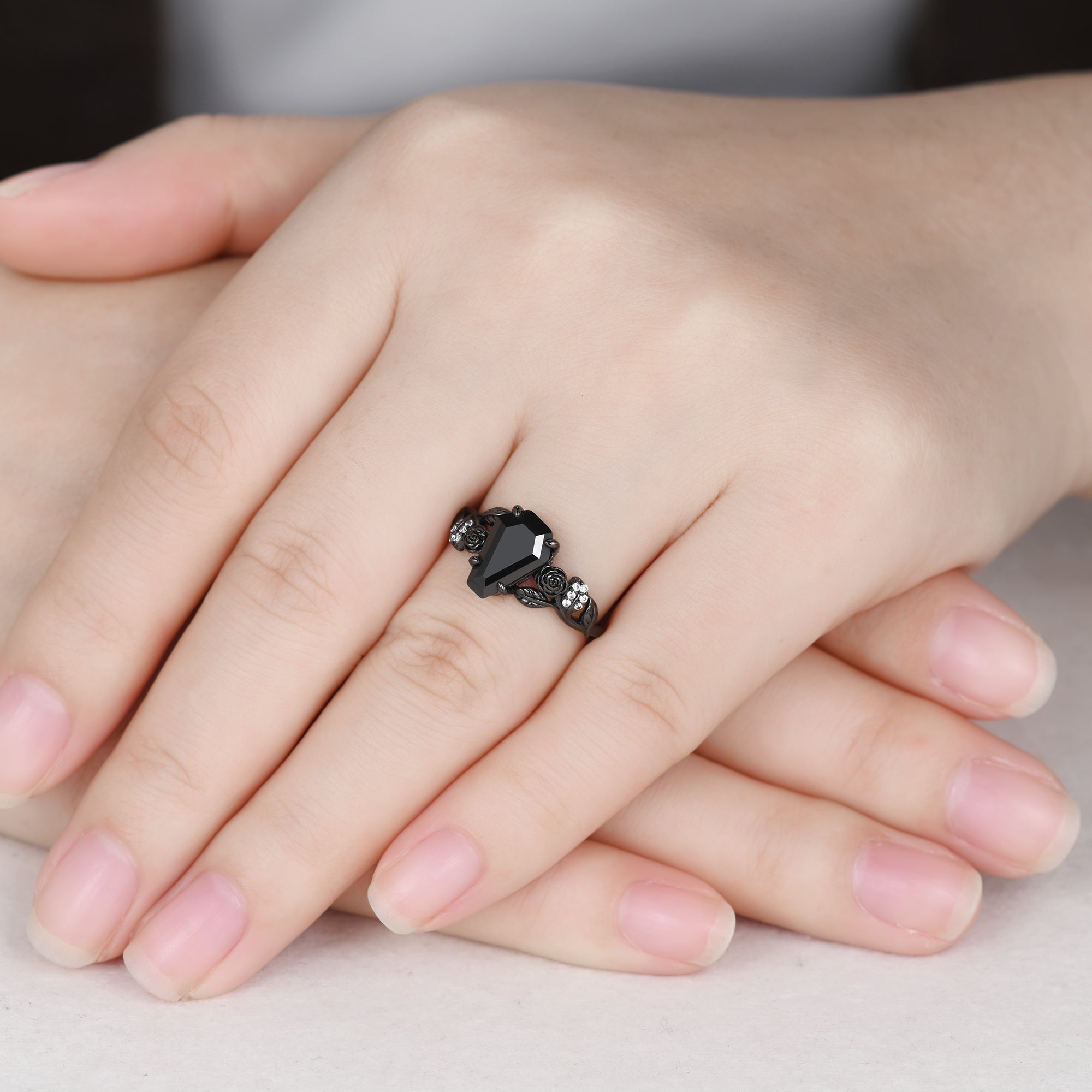 Black Onyx Coffin Gothic Engagement Ring - Unique Black Gold Flower Design for Women | Nature Inspired Alternative Wedding Band, Gothic Jewelry for Dark Romance & Vampire Themed Weddings