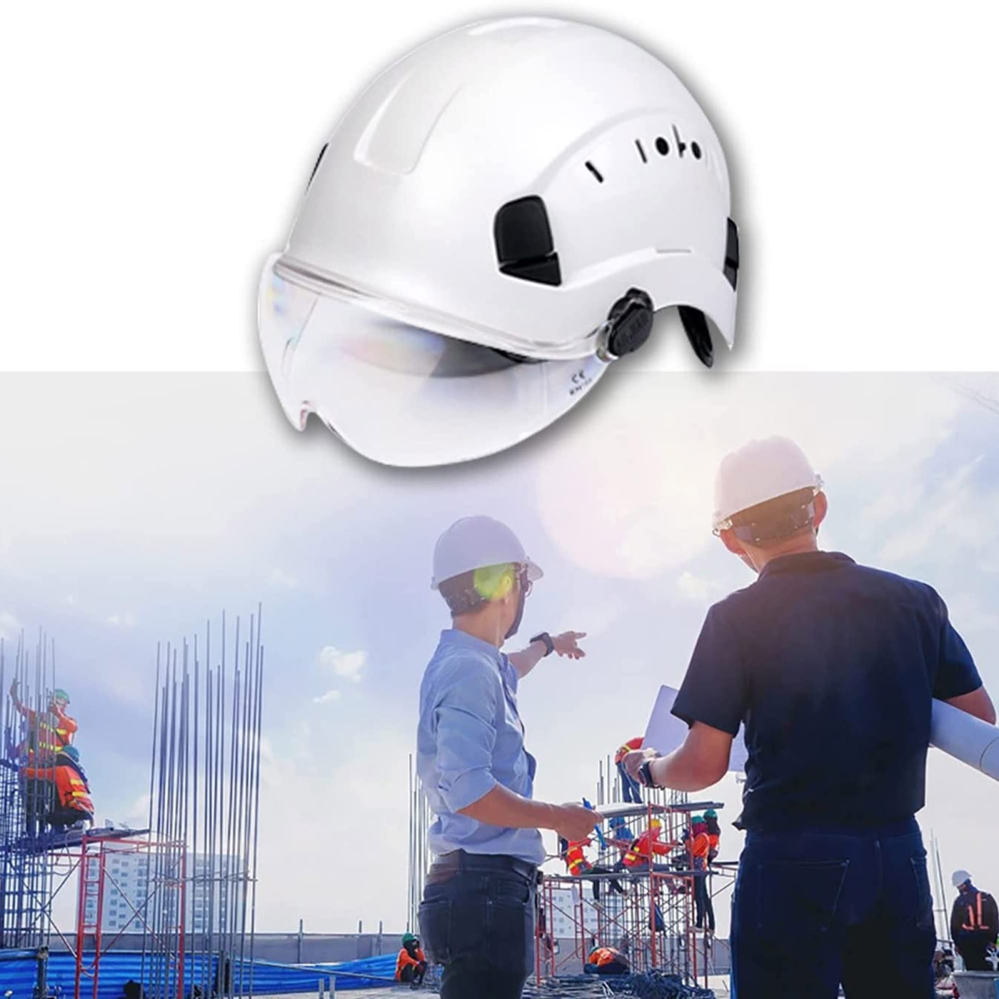 ABS Hard Hat with Goggles - 6-Point Ventilated Safety Helmet, Adjustable Construction Helmet (White, 1 Pack) for Construction Workers, Cyclists & Outdoor Sports