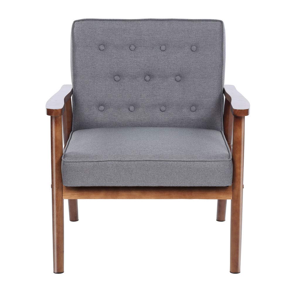 Mid-Century Modern Accent Chair - Retro Fabric Upholstered Lounge Chair with Wooden Arms for Living Room, Bedroom or Office - Comfortable Grey Armchair for Relaxing & Reading