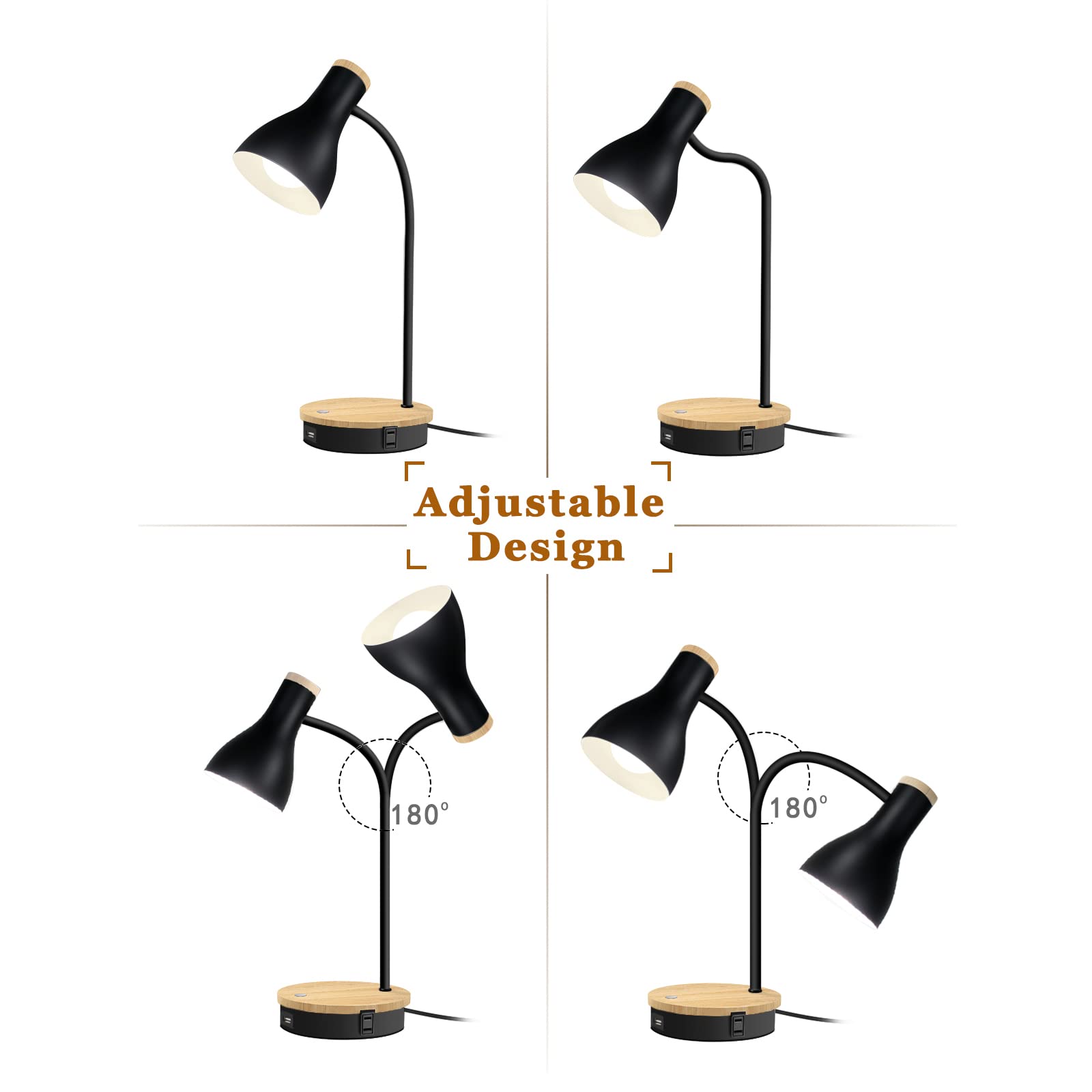 Wireless Charging Metal Desk Lamp - 3-Way Dimmable Touch Control LED Reading Light with USB Ports for Bedroom, Study Room & Office | Perfect for Night Reading, Working & Phone Charging (Black)