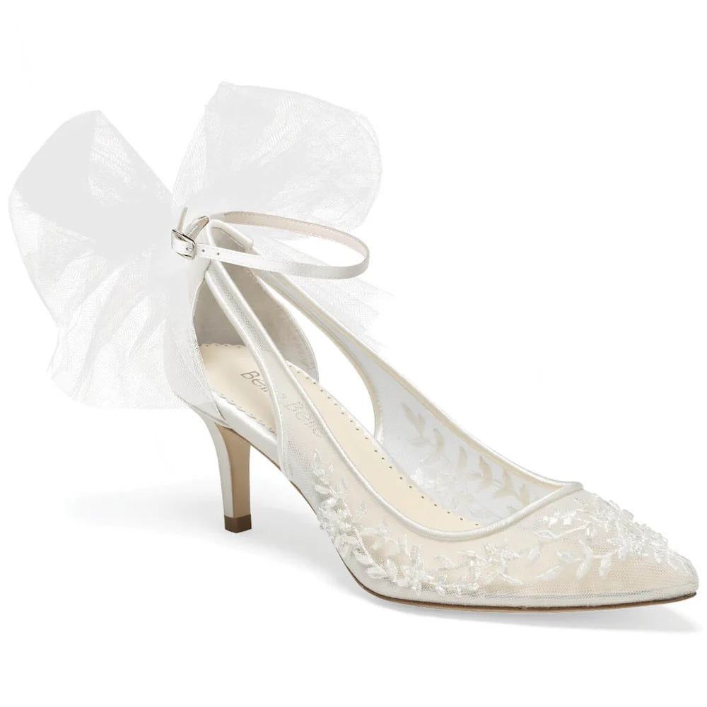 Esther Floral and Tulle Bow Kitten Heel Pumps - Elegant Women's Dress Shoes for Weddings, Parties & Special Occasions