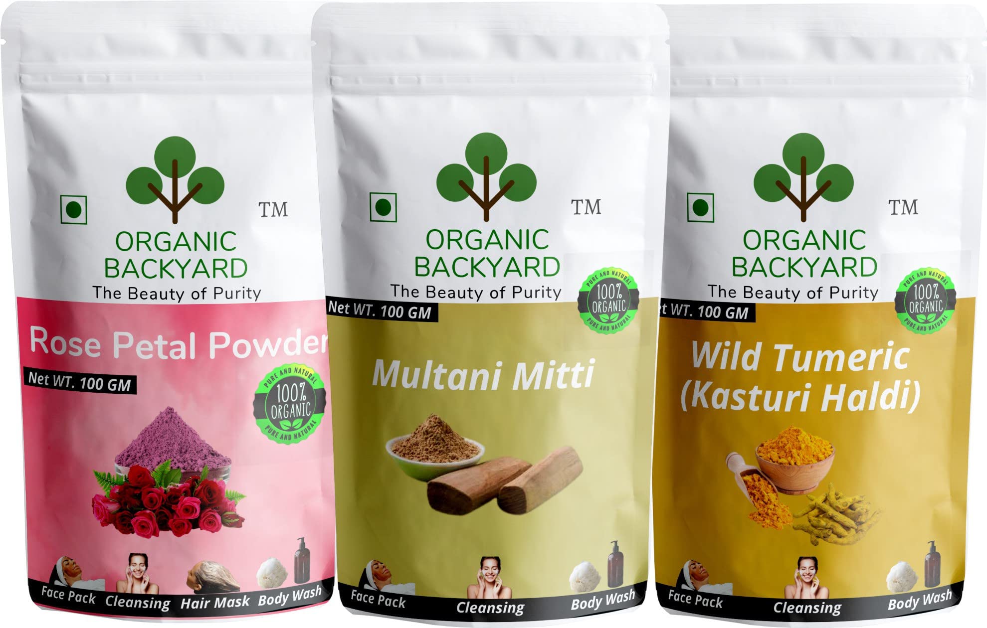 Organic Wild Turmeric & Multani Mitti Face Powder Combo - 100% Natural Kasturi Haldi & Rose Petal Powder for Glowing Skin (100g Each) | DIY Face Masks, Brightening Treatment & Ayurvedic Skincare Routine