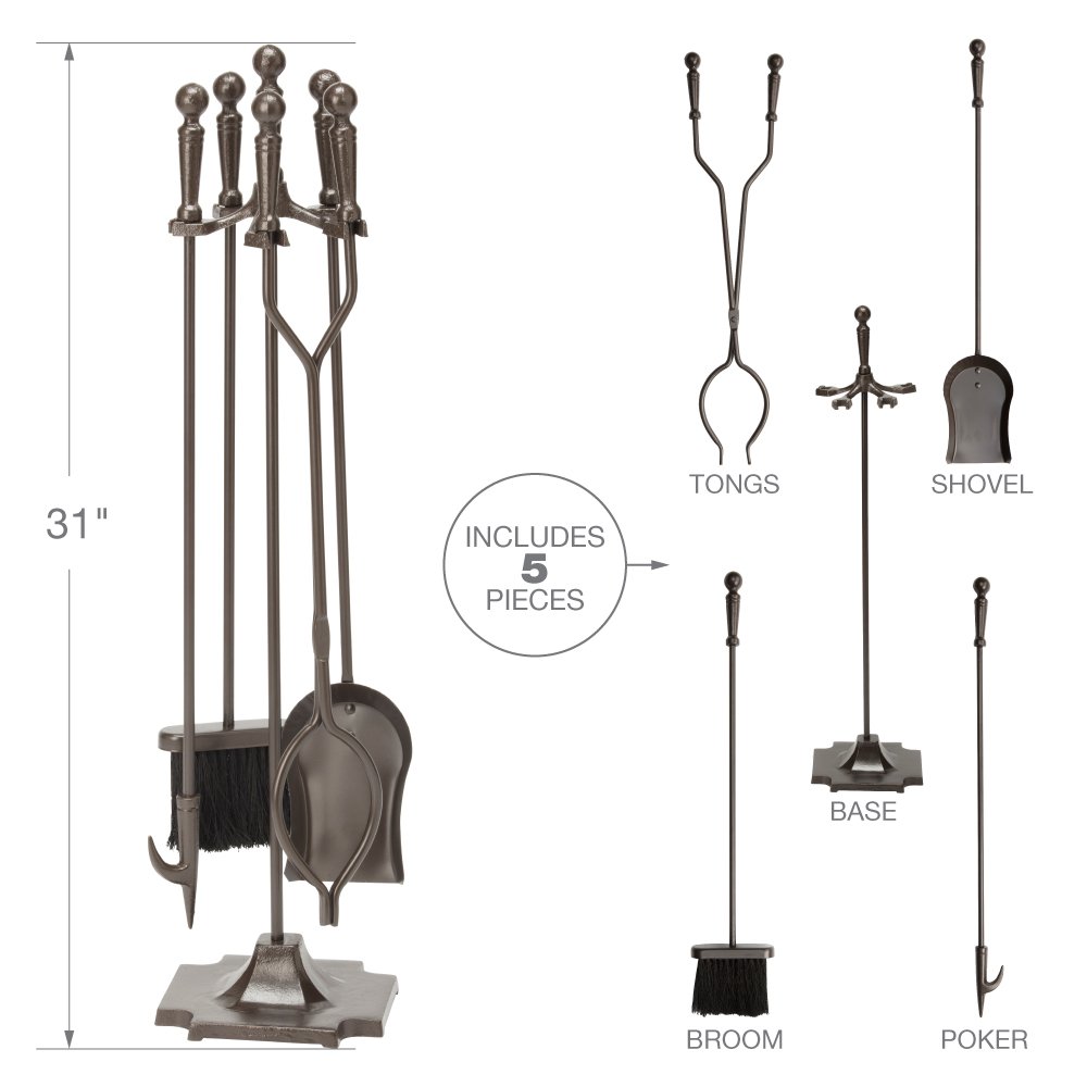Uniflame F-1634 5-Piece Bronze Fireplace Tools Set with Ball Handles & Pedestal Base - Durable Fireplace Accessories for Home, Patio & Outdoor Fire Pits