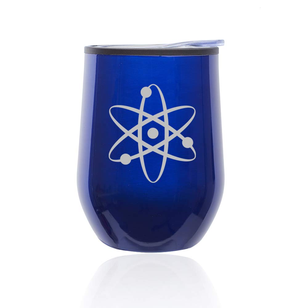 Stemless Wine Tumbler with Lid - 16oz Insulated Coffee Travel Mug, Shatterproof Glass Cup for Hot & Cold Drinks - Perfect for Office, Camping, Picnics & Gifts (Blue, Atom Science Atheist Design)