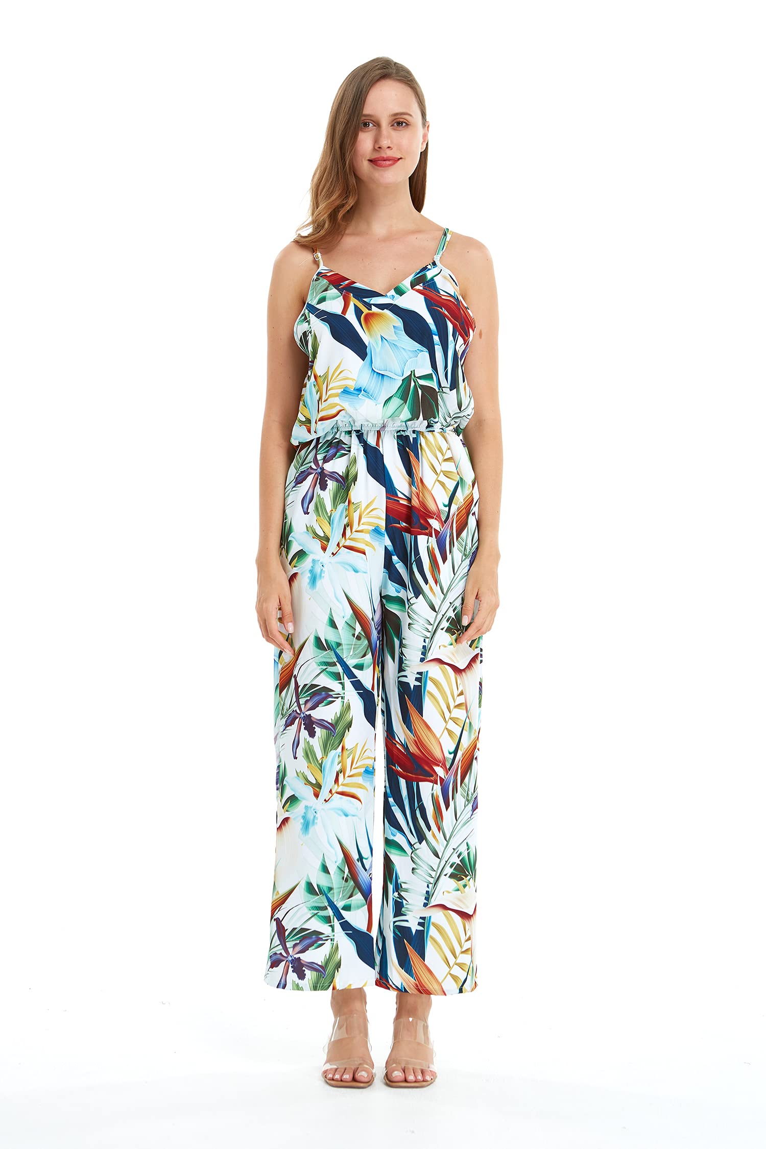 Women's Hawaiian Strap V-Neck Jumpsuit with Pockets - Simply Blue Leaves Print | Beach Vacation Outfit, Summer Party Dress, Casual Boho Romper
