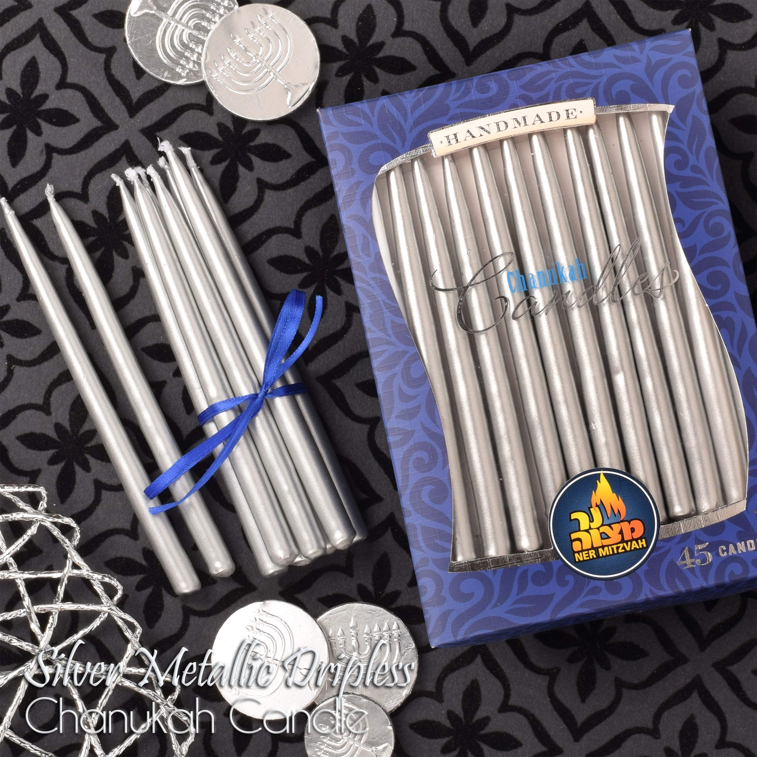 Premium Dripless Chanukah Candles - Standard Size Metallic Silver Hanukkah Candles for Menorah, High-Quality Wax Lasts All 8 Nights (Pack of 45) - Perfect for Home Celebrations, Synagogue Events & Holiday Decorations