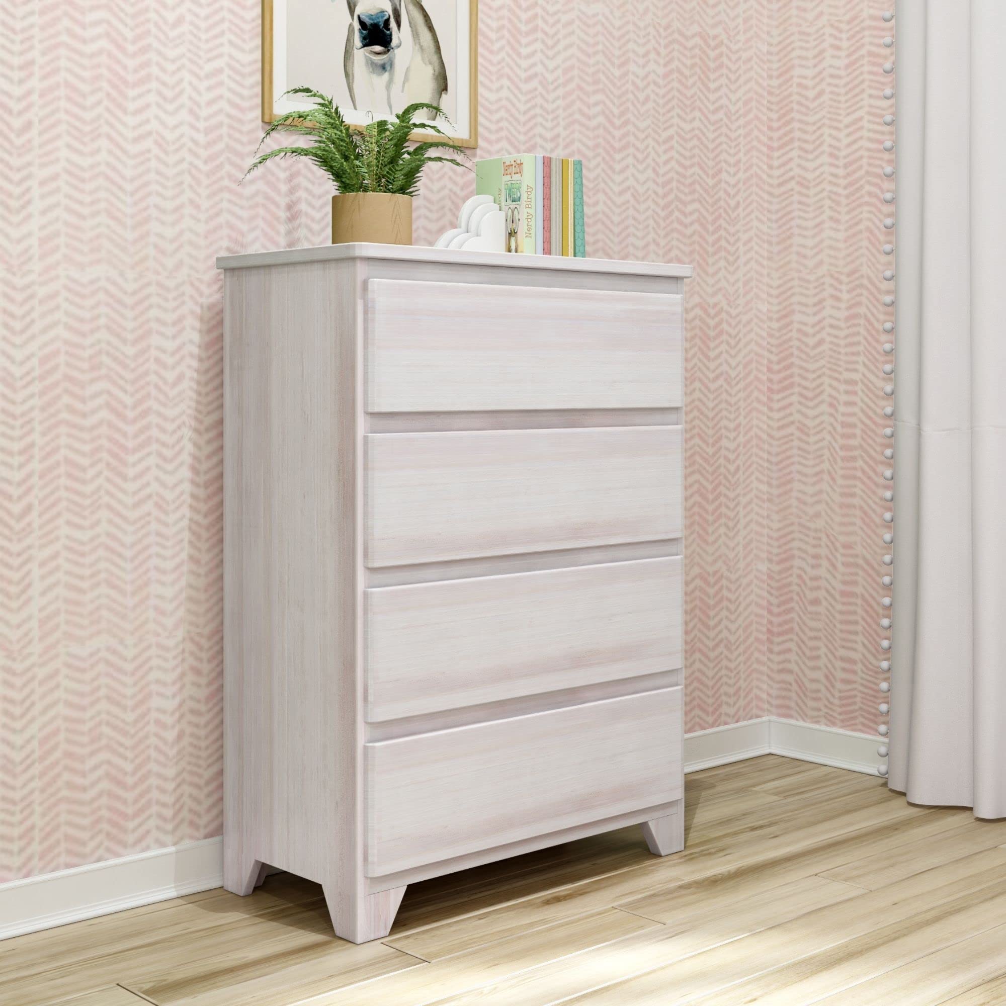 Modern Farmhouse 4-Drawer Wood Dresser by Max & Lily - White Washed Finish for Nursery, Bedroom & Kids Room Organization