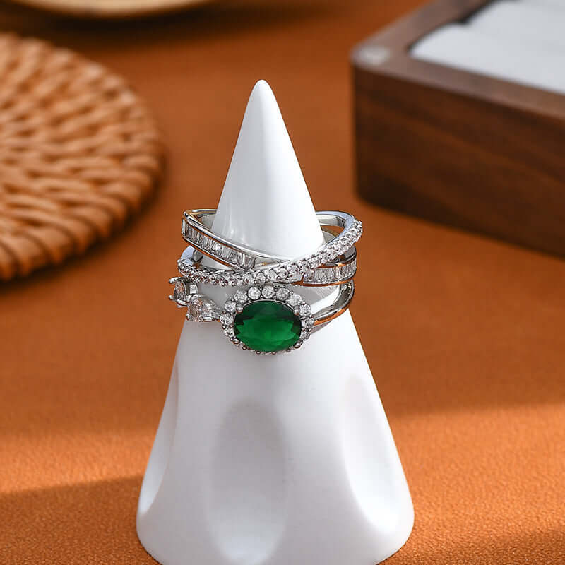 Emerald Green CZ Layered Cross Stacking Ring Set for Women | Elegant Jewelry Gift for Christmas, Birthday & Anniversary | K4205