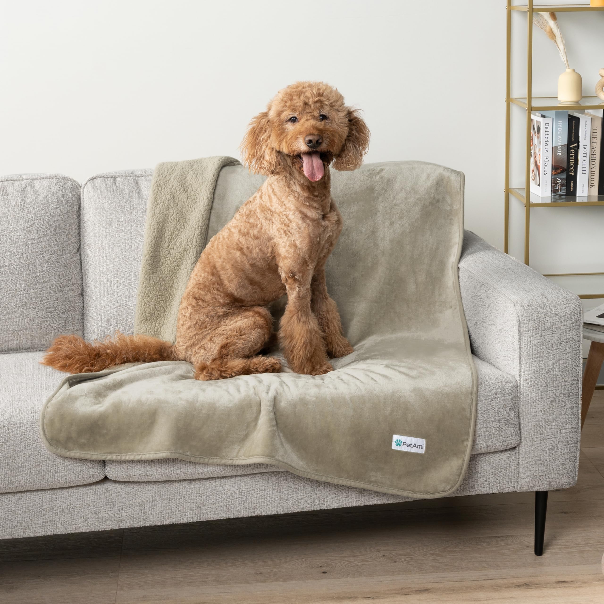 **PetAmi Waterproof Dog Blanket for Extra Large Dogs – Pee Proof, Reversible, Soft & Washable – 90x90 Inches Taupe – Ideal for Beds, Couches & Crates**
