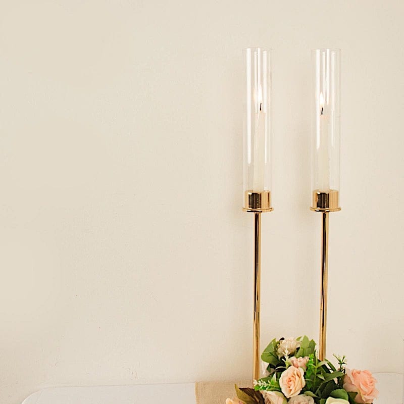 2 Pack Metal Hurricane Taper Candle Holders with Clear Cylinder Glass Shades - Elegant Table Centerpiece for Wedding, Dinner Party & Home Decor