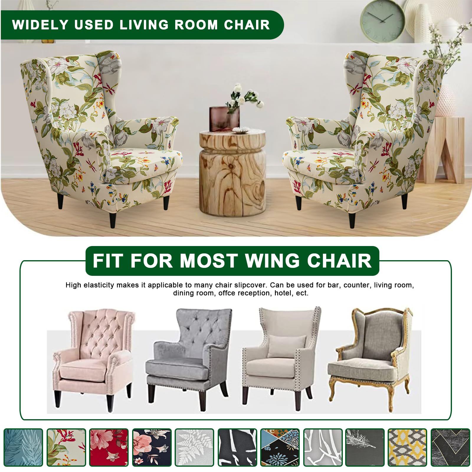 CRFATOP 2-Piece Stretch Wingback Chair Cover Set - Printed Spandex Slipcover with Elastic Bottom for Living Room, Bedroom - Fits Most Wingback Armchairs (06) - Perfect for Home Decor, Furniture Protection & Style Upgrade