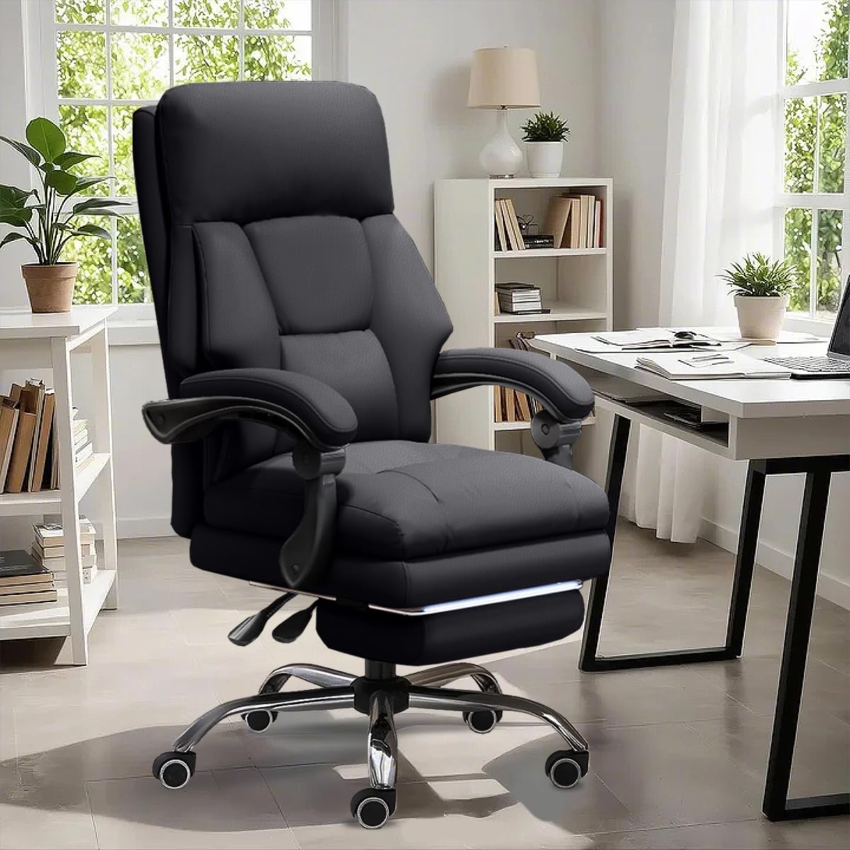 Adjustable Height Executive Office Chair with Footrest - High Back Reclining Computer Desk Chair, Ergonomic Leather Gaming & Work Swivel Chair for Home Office, Conference Room & Gaming Setup