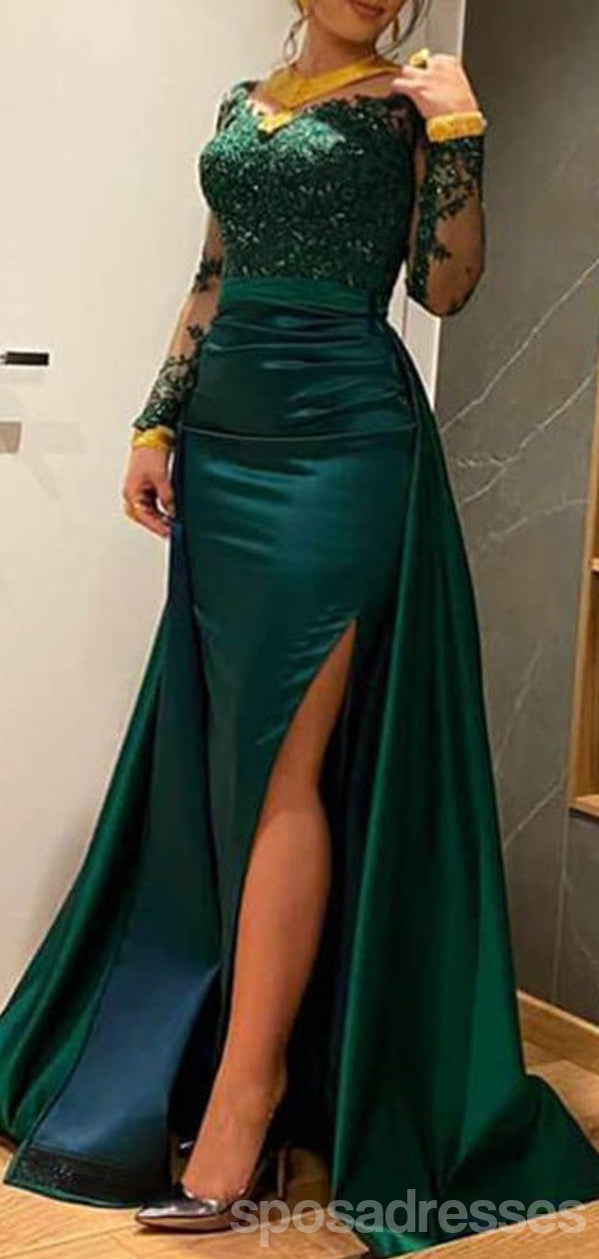 Elegant Green Mermaid Long Sleeve Prom Dress with High Slit - Formal Evening Gown for Homecoming, Pageant, and Special Occasions