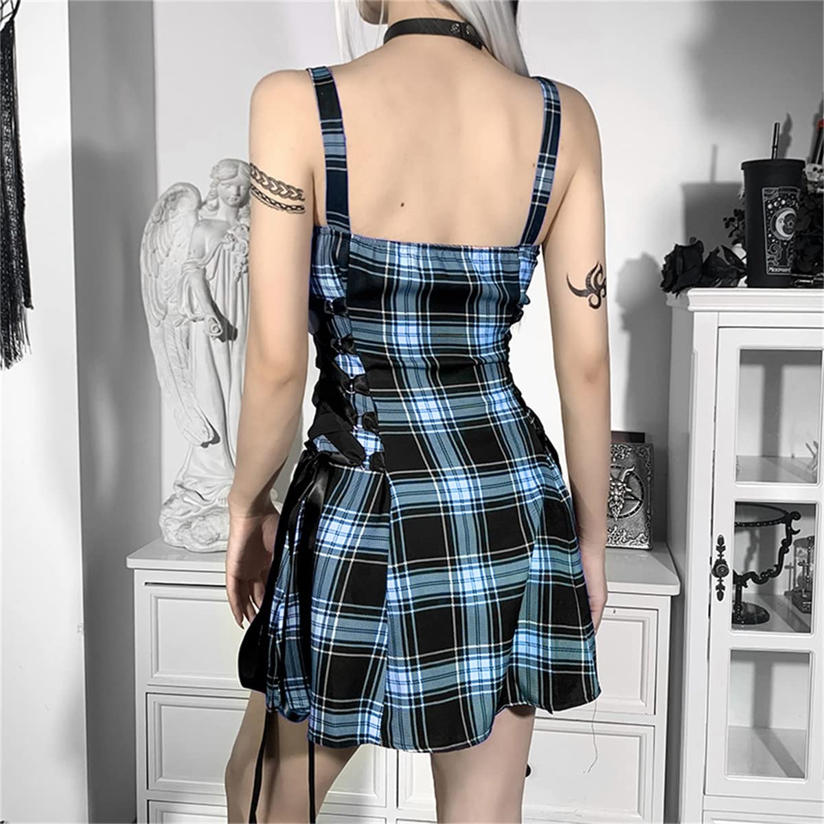 Gothic Plaid Mini Dress for Women - Blue Mall Goth Skater Dress with Spaghetti Straps | Plus Size A-Line Emo Alt Dress | Perfect for Concerts, Parties & Alternative Fashion