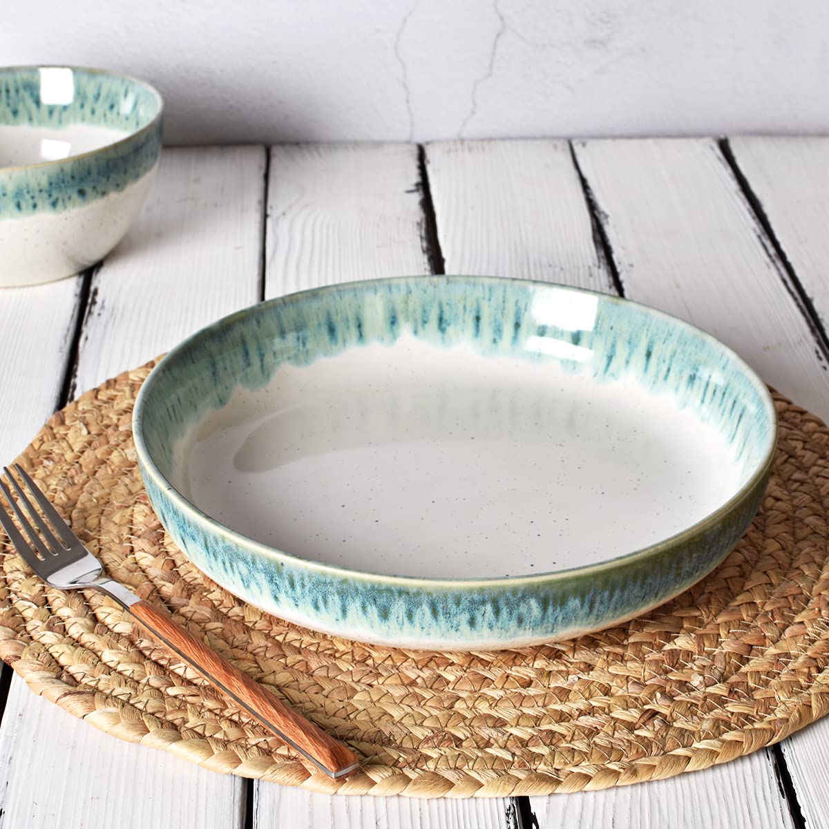 Bosmarlin 40 Oz Stoneware Pasta Bowls Set of 4 - Large Microwave & Dishwasher Safe Salad Bowls in Light Turquoise Green (9.3 Inch) - Perfect for Family Dinners, Italian Cuisine & Entertaining Guests