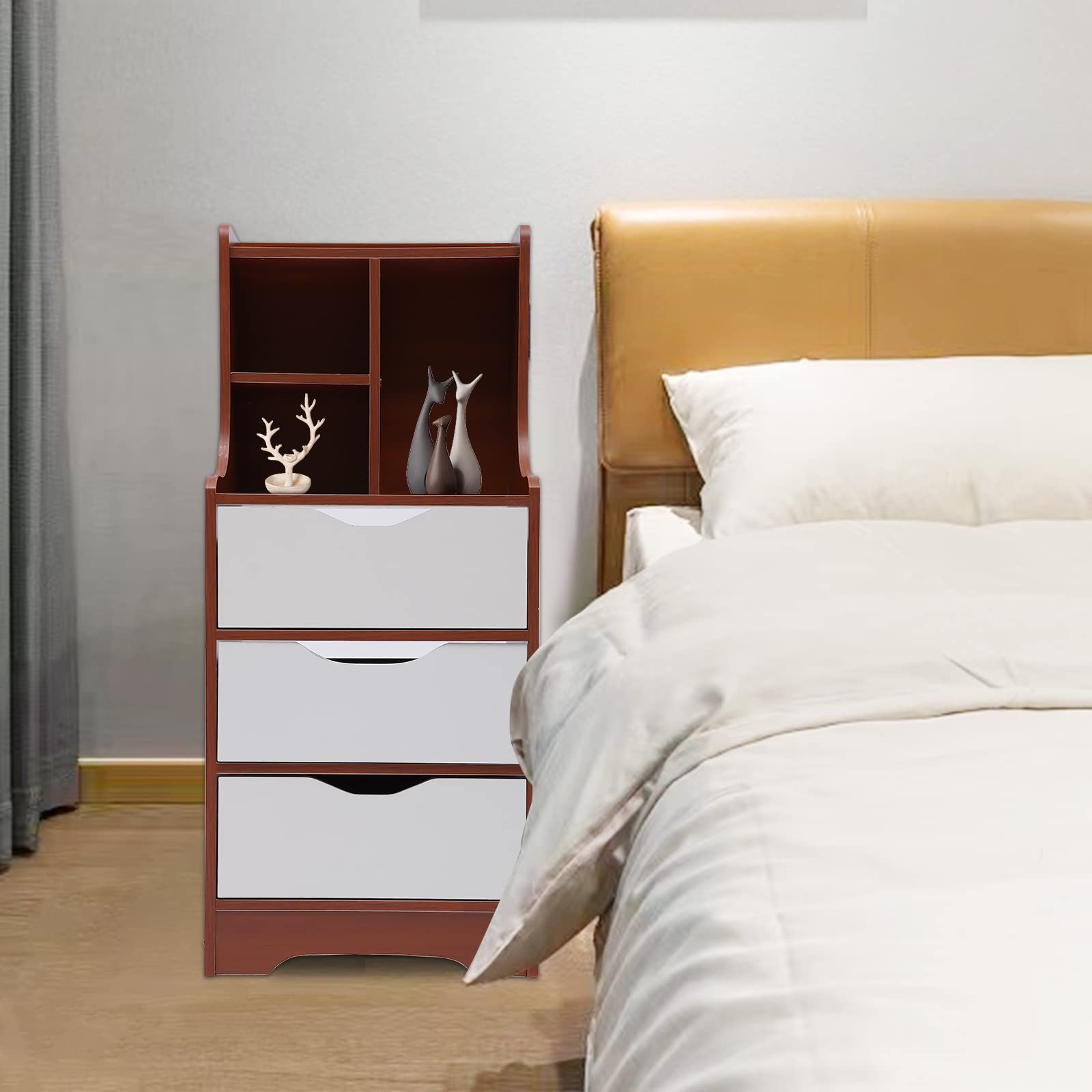 Eapmic 3-Drawer Dresser with Top Cabinet & Open Shelf - Nightstand, Bedside Table, Chest of Drawers for Bedroom, Living Room, Home Office - White & Dark Brown - Wide Storage Space for Clothes, Books & Decor