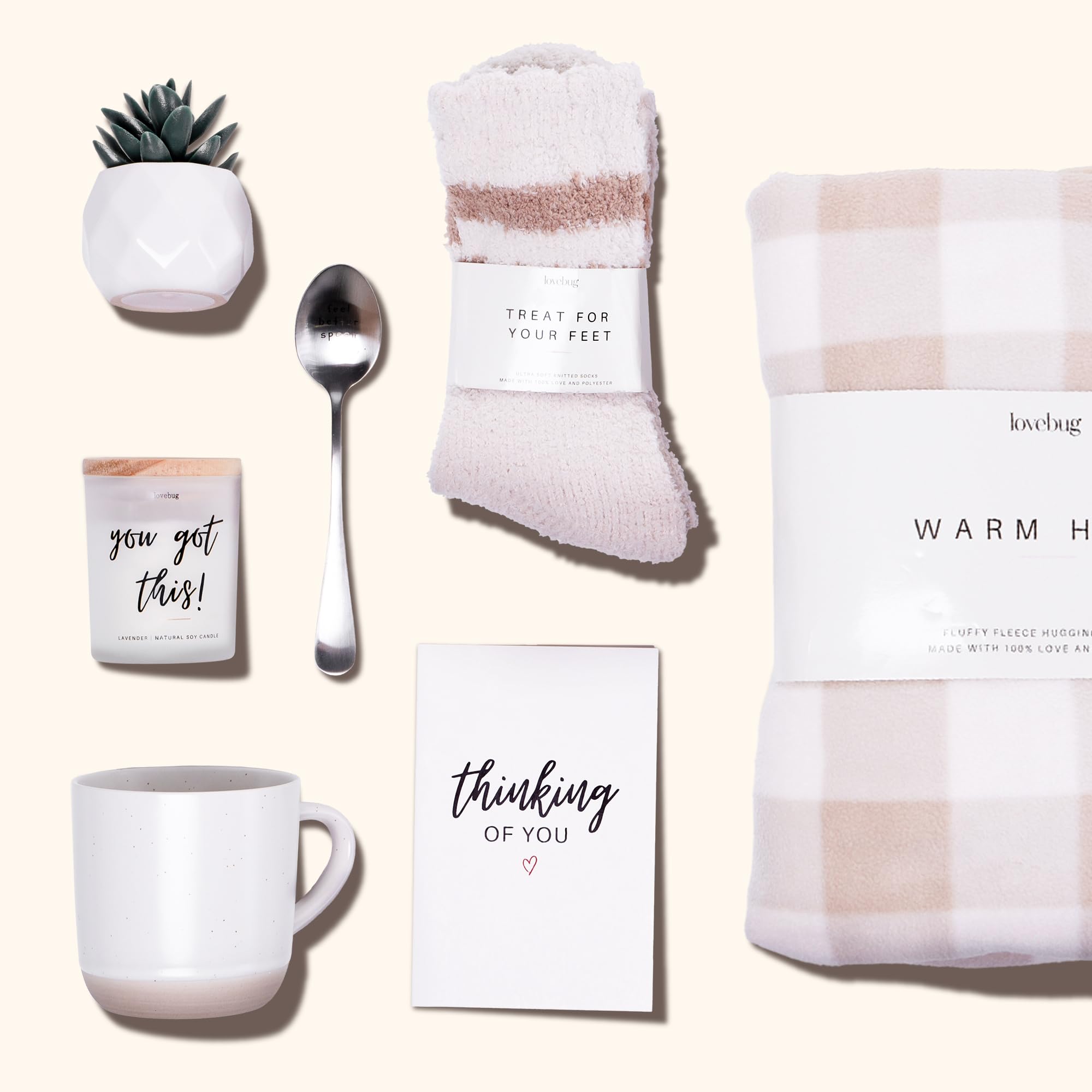 Lovebug Get Well Soon Gift Basket for Women - Post Surgery Recovery Care Package with Cozy Blanket, Scented Candle, Fuzzy Socks, Inspirational Mug, Spoon & Succulent Plant - Thoughtful Thinking of You Gift for Hospital Stay, Chemotherapy or Recovery at Home