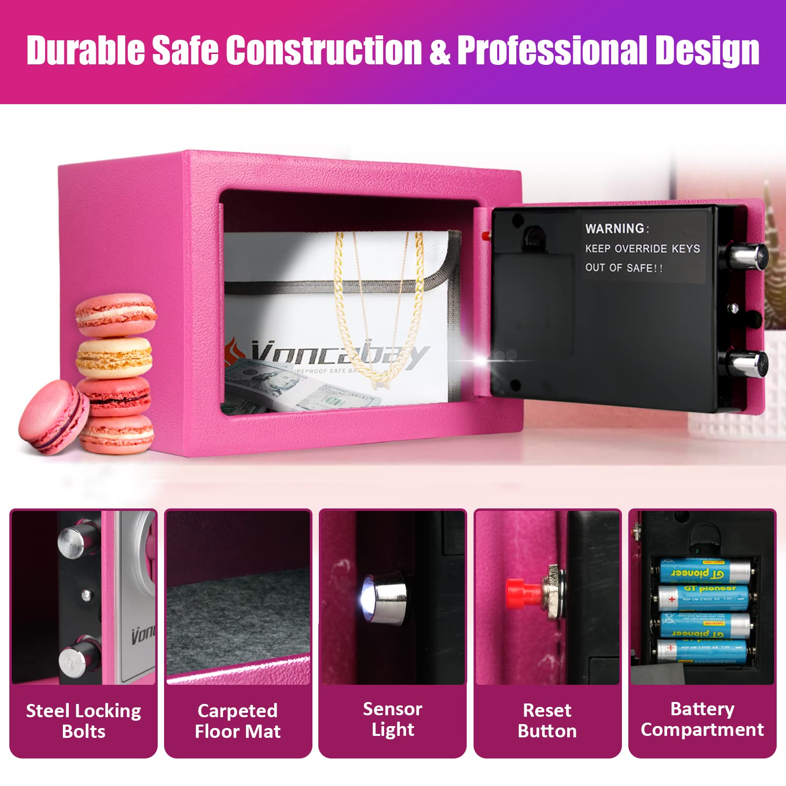 Voncabay Fireproof Money Safe Box with Digital Keypad & Sensor Light - Home Security Safe for Cash, Jewelry & Valuables - Portable Lock Box with Keys & Passcode - Ideal for Bedroom, Office & Travel (Pink)