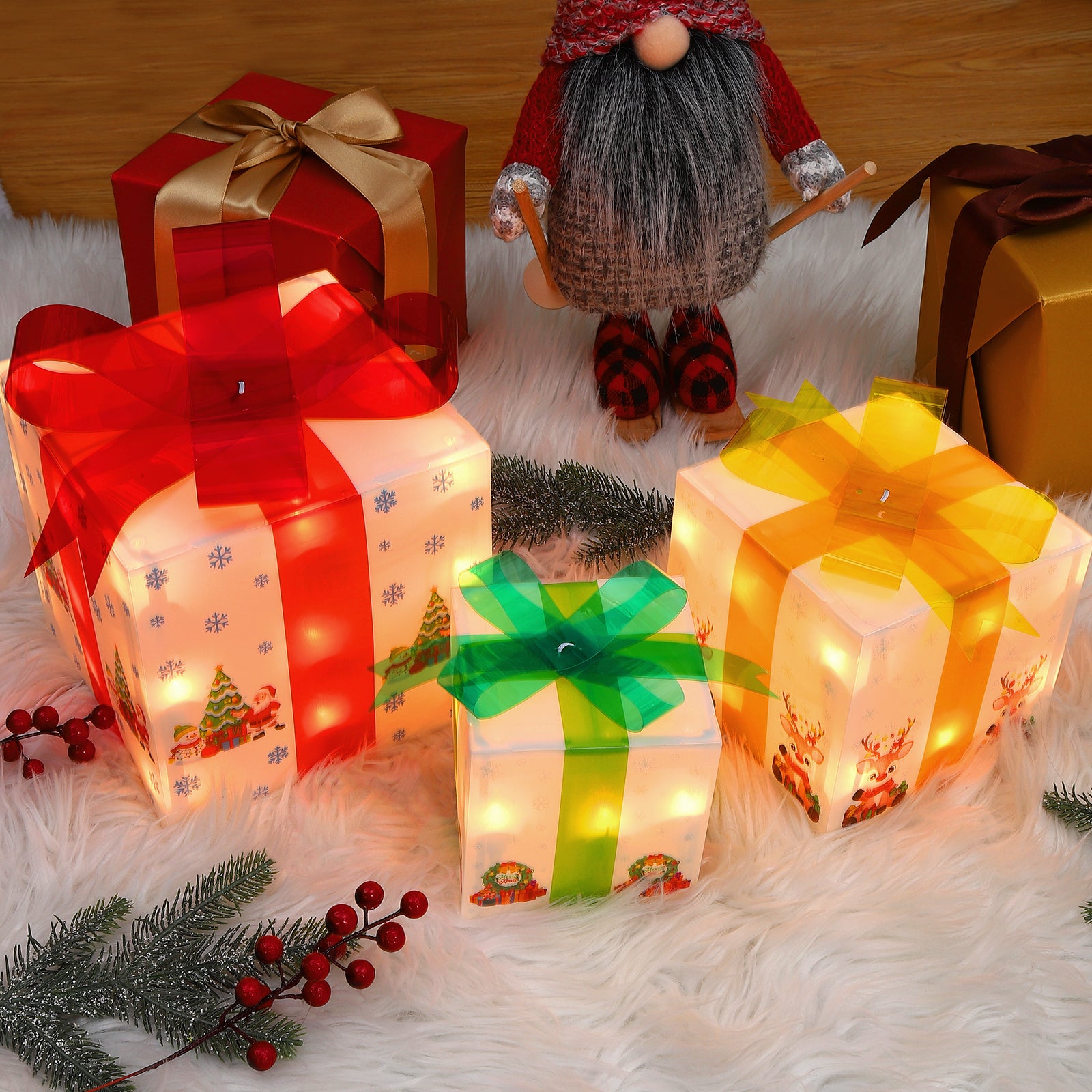 GARVEE 3Pcs Christmas Lighted Gift Box Decorations - Holiday Home Decor for Christmas Tree, Mantel, Tabletop & Party Decorations