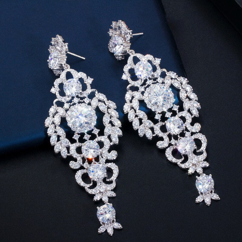 8.5cm Long Cubic Zirconia CZ Wedding Dangle Earrings for Women - 925 Sterling Silver Bridal Jewelry Set - Perfect for Prom, Evening Party & Special Occasions