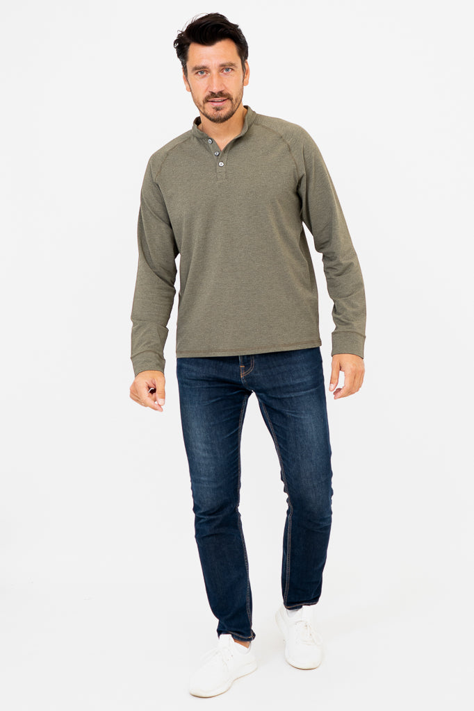 Men's Henley Shirt - Yarn-Dyed Khaki Bamboo Fabric - Casual Wear for Outdoor Activities & Everyday Comfort