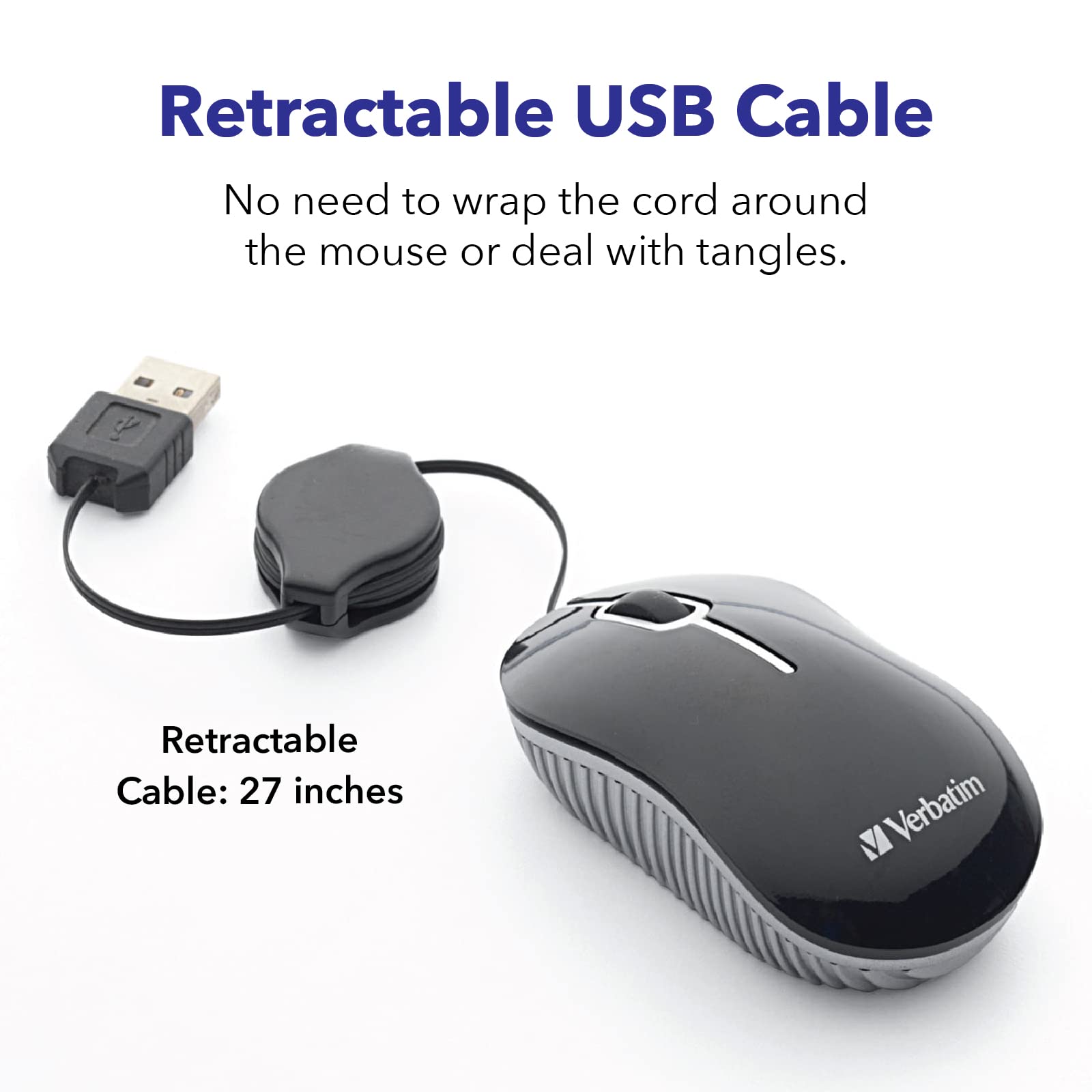 Verbatim Wired Optical USB-A Mini Mouse - Plug & Play Compact Travel Mouse with Retractable Cable for Laptop & PC (Black 98113) - Perfect for Office, Home & On-the-Go Use
