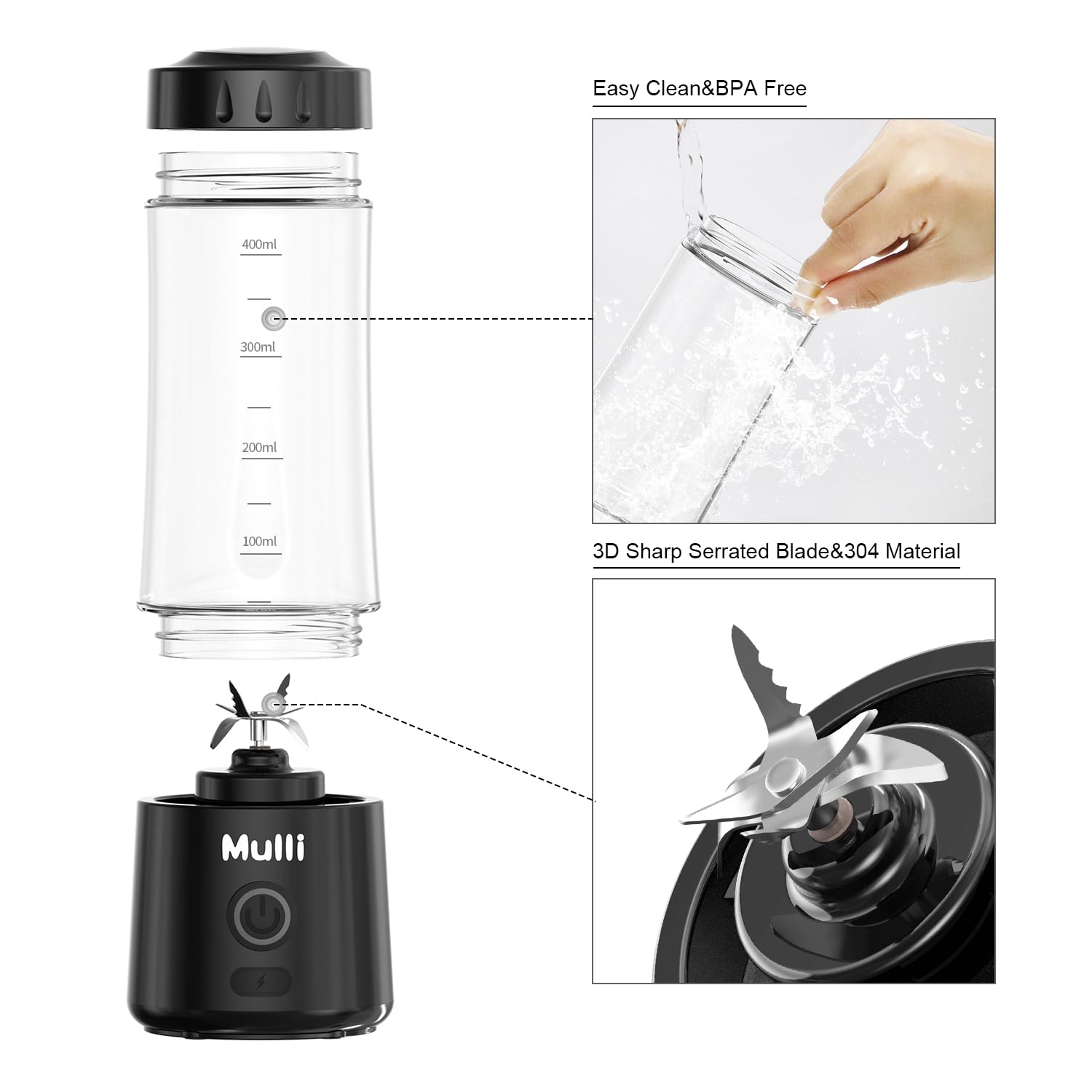 Mulli Portable USB Rechargeable Mini Blender - 6 Blades Personal Smoothie Maker for Shakes, Baby Food, Travel & Gym - Compact Blender for Home, Office & Outdoor Activities