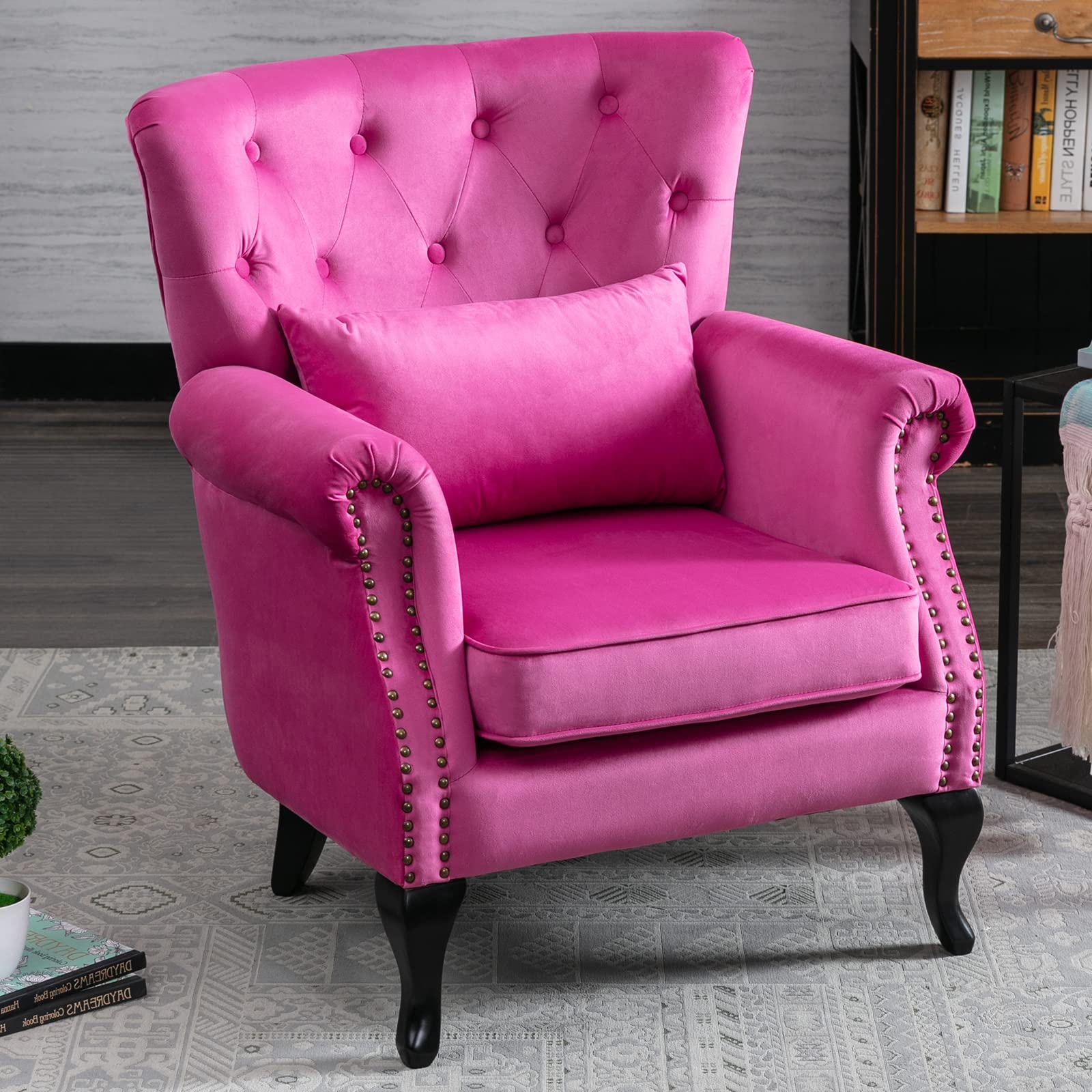 Mid-Century Modern Accent Reading Arm Chair - Velvet Rose Tufted Wingback Club Chair with Lumbar Pillow for Living Room & Bedroom | Perfect for Cozy Reading Nooks, Lounge Areas, and Stylish Home Decor