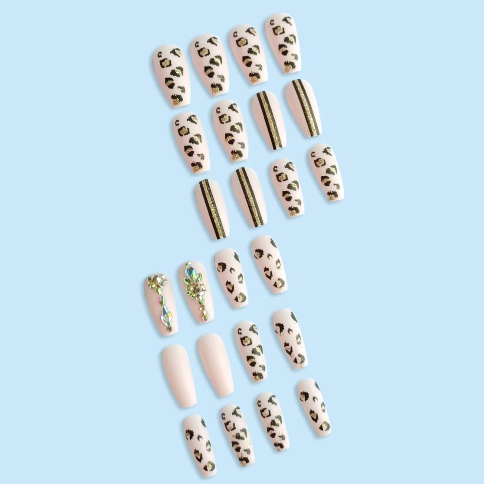 RUNRAYAY Leopard Print Press On Nails - Long Fake Nails with Pink Acrylic Ballet French Tip & Rhinestone Designs for Women & Girls | Perfect for Parties, Weddings, Date Nights & Special Occasions