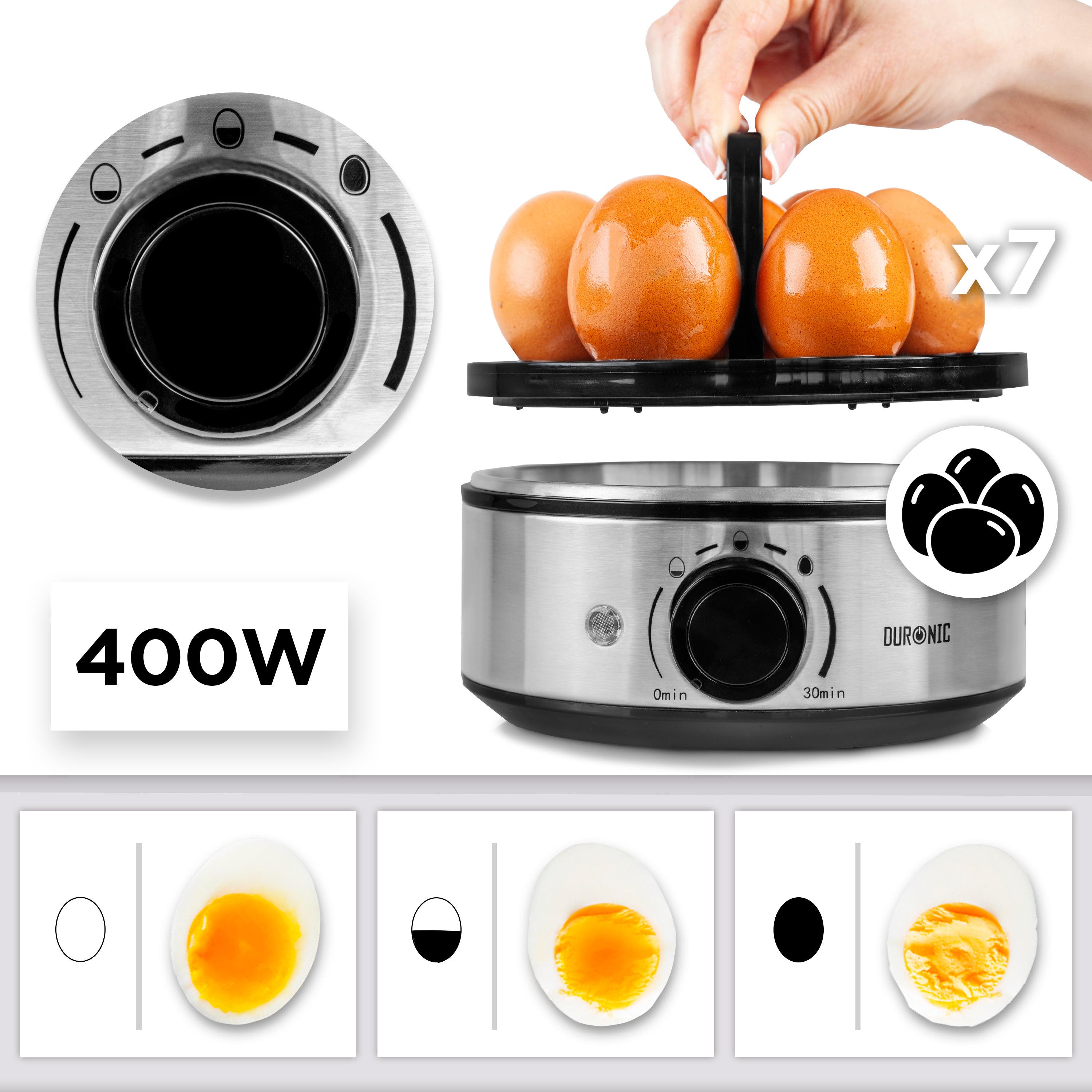 Duronic EB50 Electric Egg Boiler & Cooker - 400W 7-Egg Capacity with Poacher Tray, Auto Shut Off & 3 Cooking Modes (Soft/Medium/Hard) - Perfect for Breakfast, Meal Prep, Camping & Office Lunches