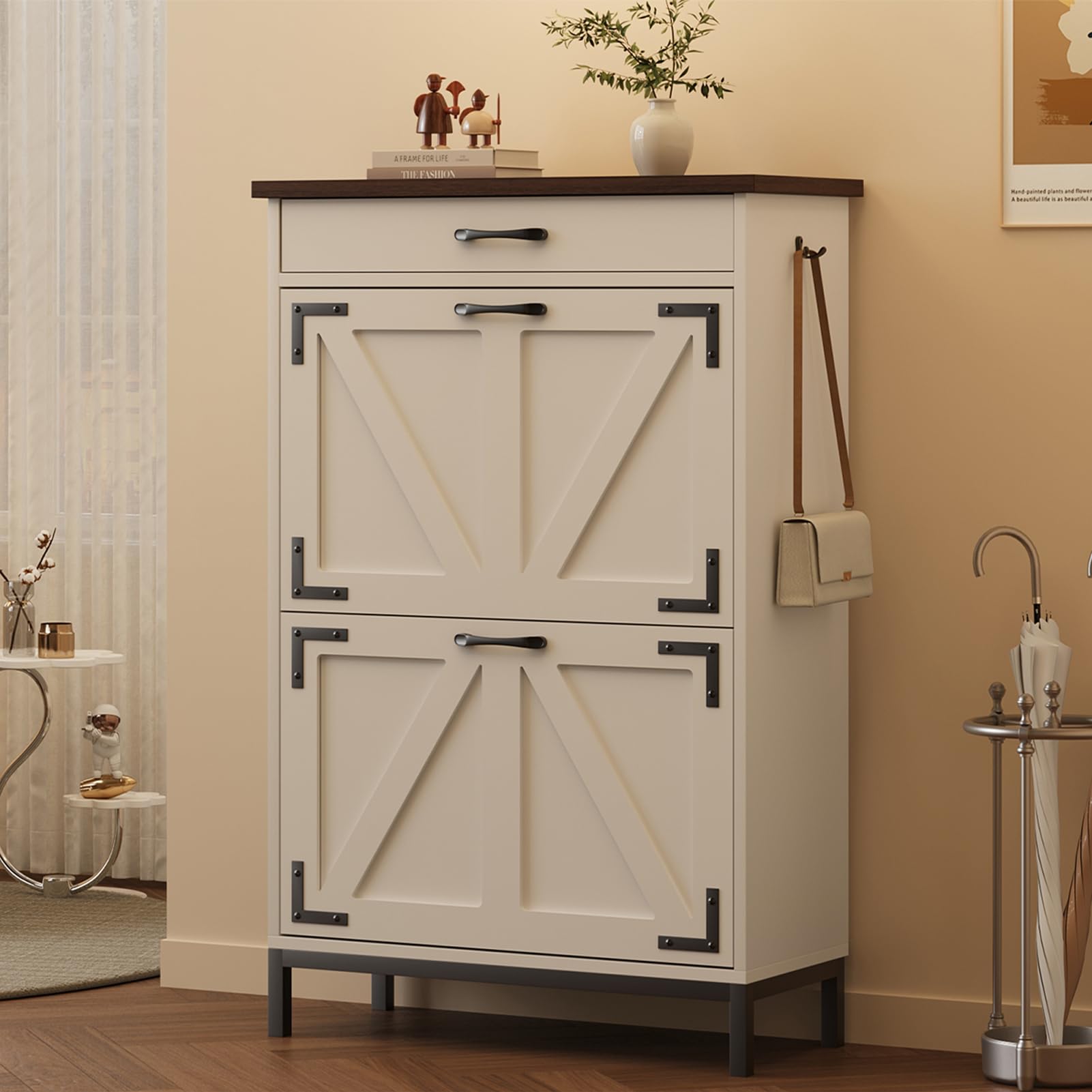Farmhouse Style White Shoe Cabinet with 2 Flip Drawers - Narrow Entryway Shoe Storage Organizer for Hallway, Foyer & Door Entry - Free Standing Hidden Shoe Storage Cabinet (Perfect for Small Spaces & Apartment Living)