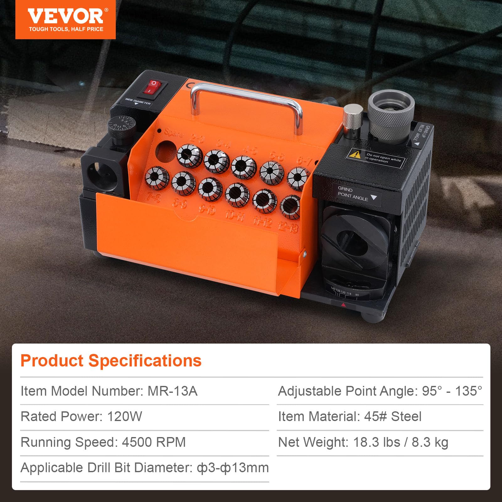 VEVOR MR-13A Drill Bit Sharpener - 3-13mm HSS Drill Bit Grinder with Adjustable 95°-135° Angle, 11 Collets & CBN Wheel | Portable Drill Bit Sharpening Machine for Woodworking, Metalworking & DIY Projects
