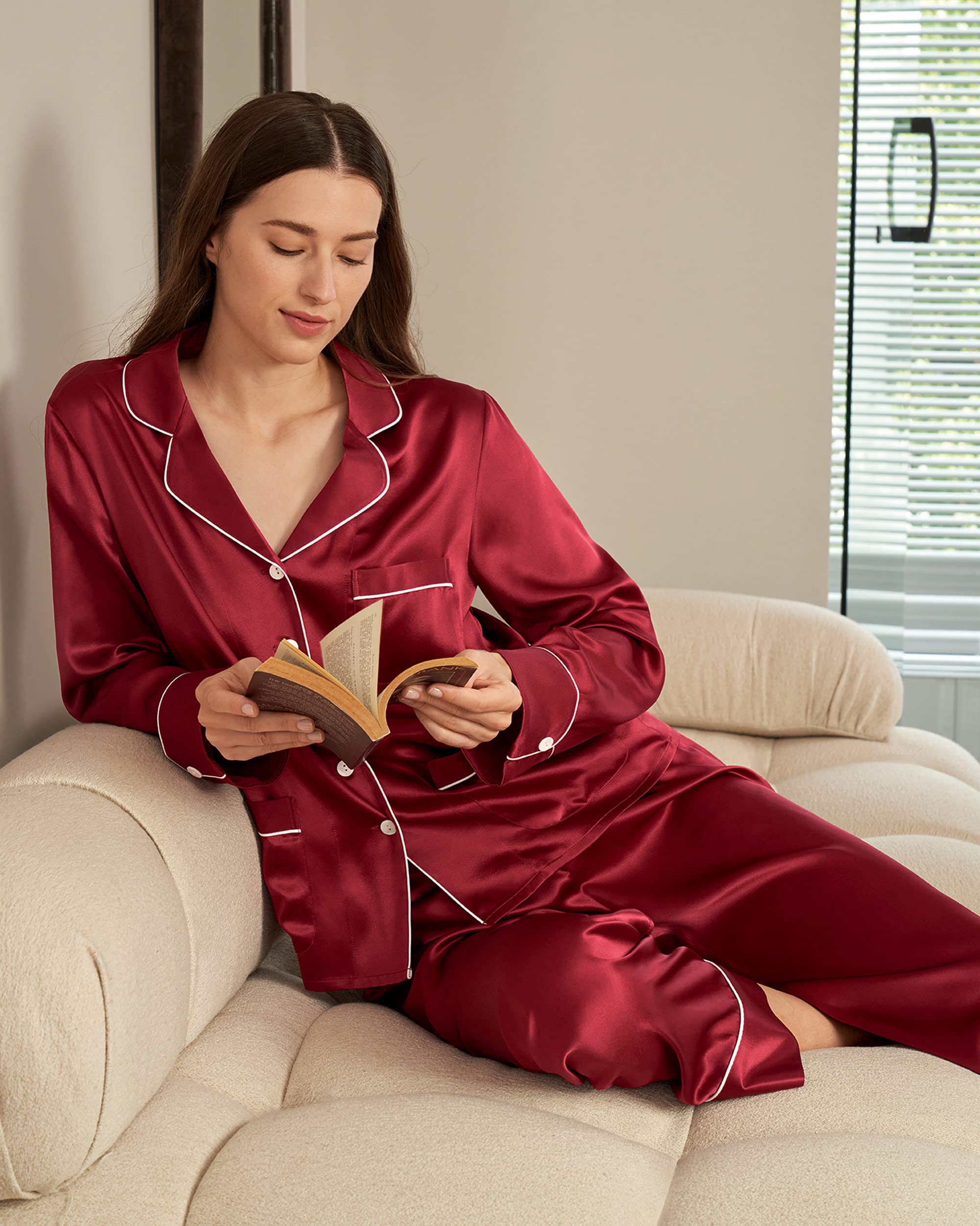 LilySilk Women's Long Silk Pajama Set - V-Neck Notched Collar with White Trim - Luxurious Sleepwear for Comfortable Nights & Relaxing Evenings at Home