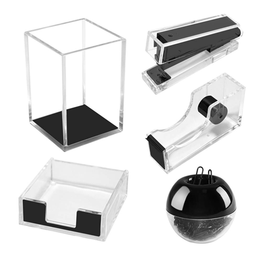 Premium Acrylic Desk Organizer Set - Tape Dispenser, Stapler, Sticky Notes Tray, Magnetic Paper Clip Holder & Pen Pencil Organizer - Modern Office Supplies for Home & Workspace (Lucid Black) - Perfect for Desk Organization, School Supplies & Office Decor