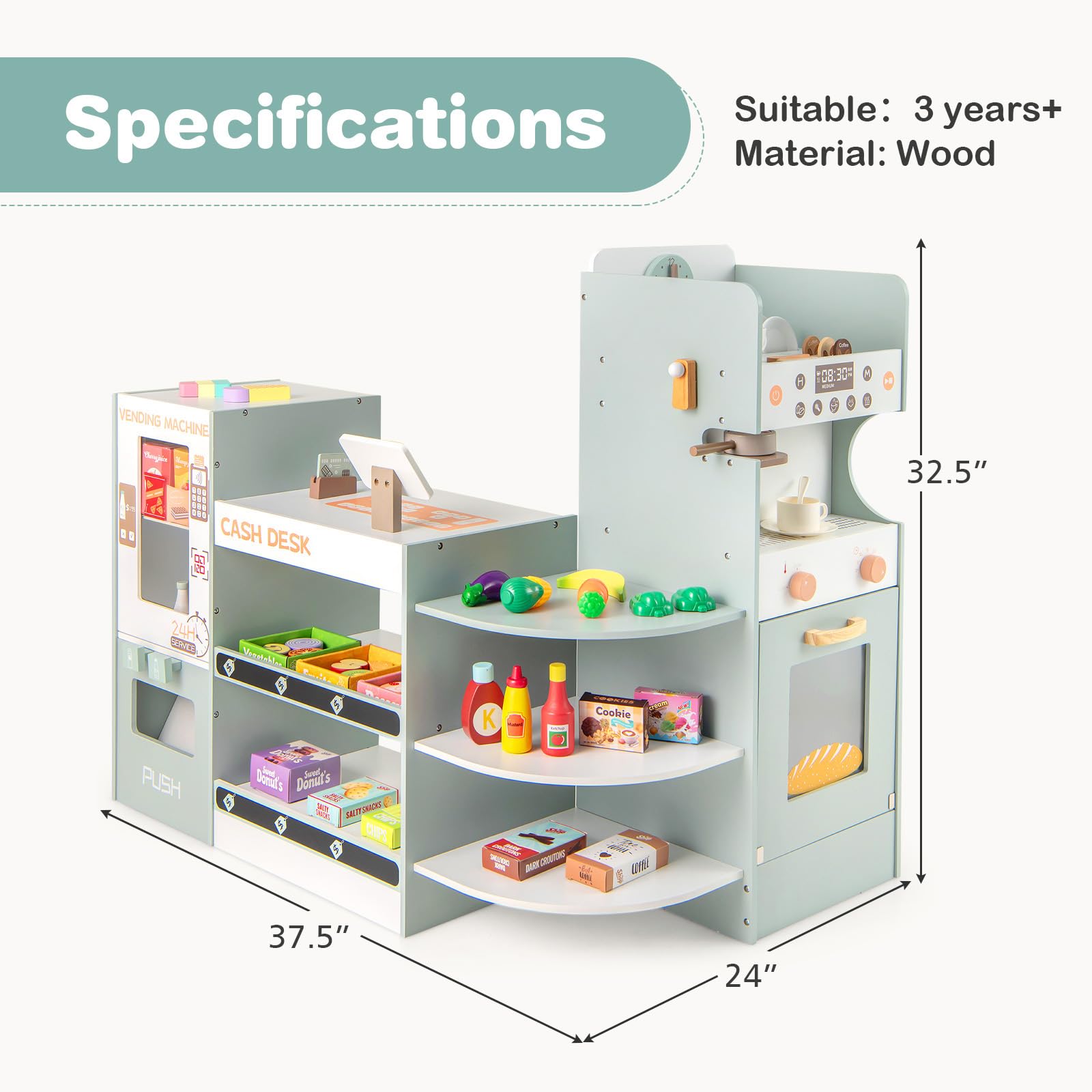 INFANS Wooden Grocery Store Playset for Kids - Supermarket Pretend Play with Cash Register, Coffee Machine, Vending Machine & Play Food Accessories - Educational Toy Gift for Toddler Boys & Girls - Perfect for Role Play, Classroom Learning & Birthday Gifts