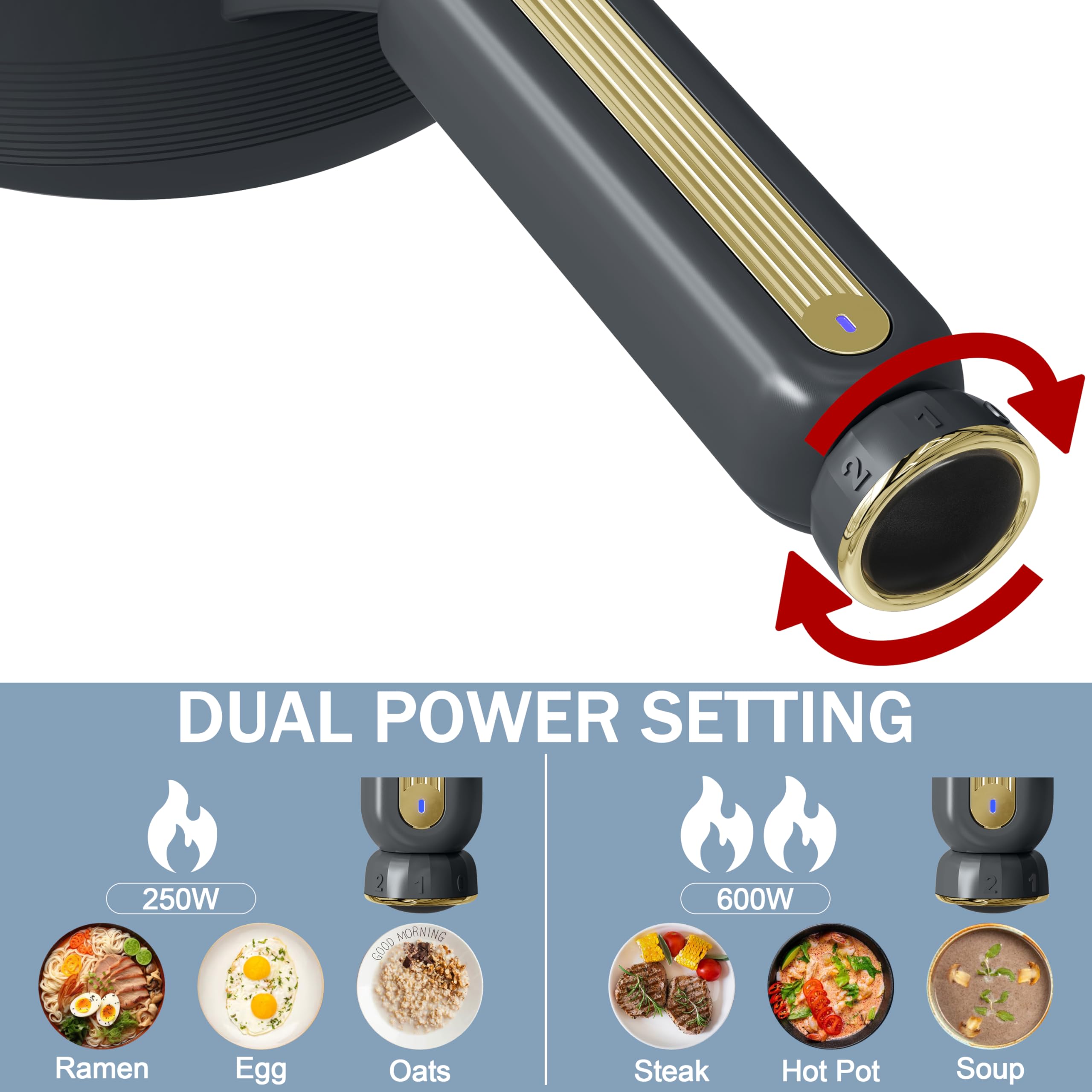 TOPWIT 2L Electric Hot Pot with Non-Stick Coating - Dual Power Control Portable Cooker for Steak, Eggs, Fried Rice, Ramen & Soup - Includes Silicone Spatula (Grey) | Perfect for Dorm Rooms, Office Lunches, Camping & Small Kitchen Cooking