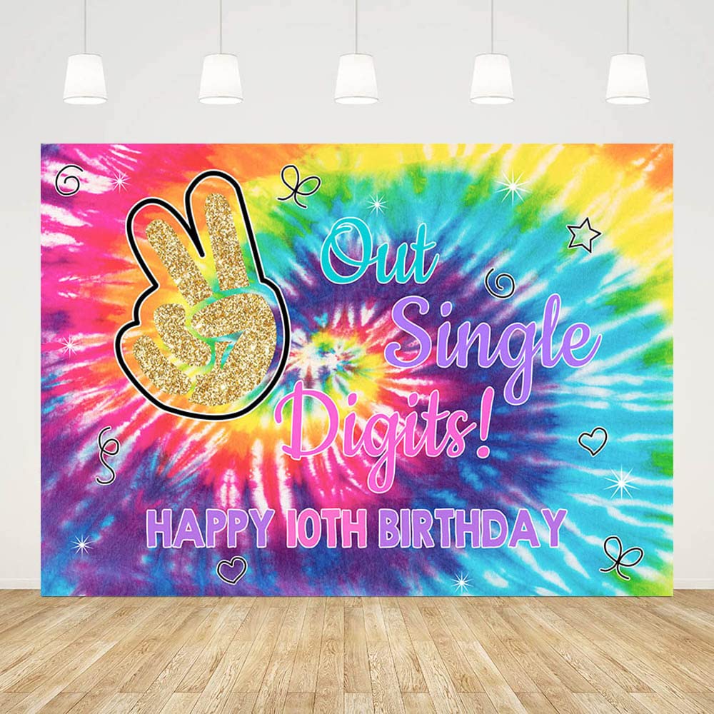7x5ft Rainbow Tie Dye Happy 10th Birthday Backdrop - Single Digits I'm 10 Photography Background for Birthday Girl Party Decorations (CQ331) | Perfect for Birthday Photos, Party Decor, and Social Media Backdrops