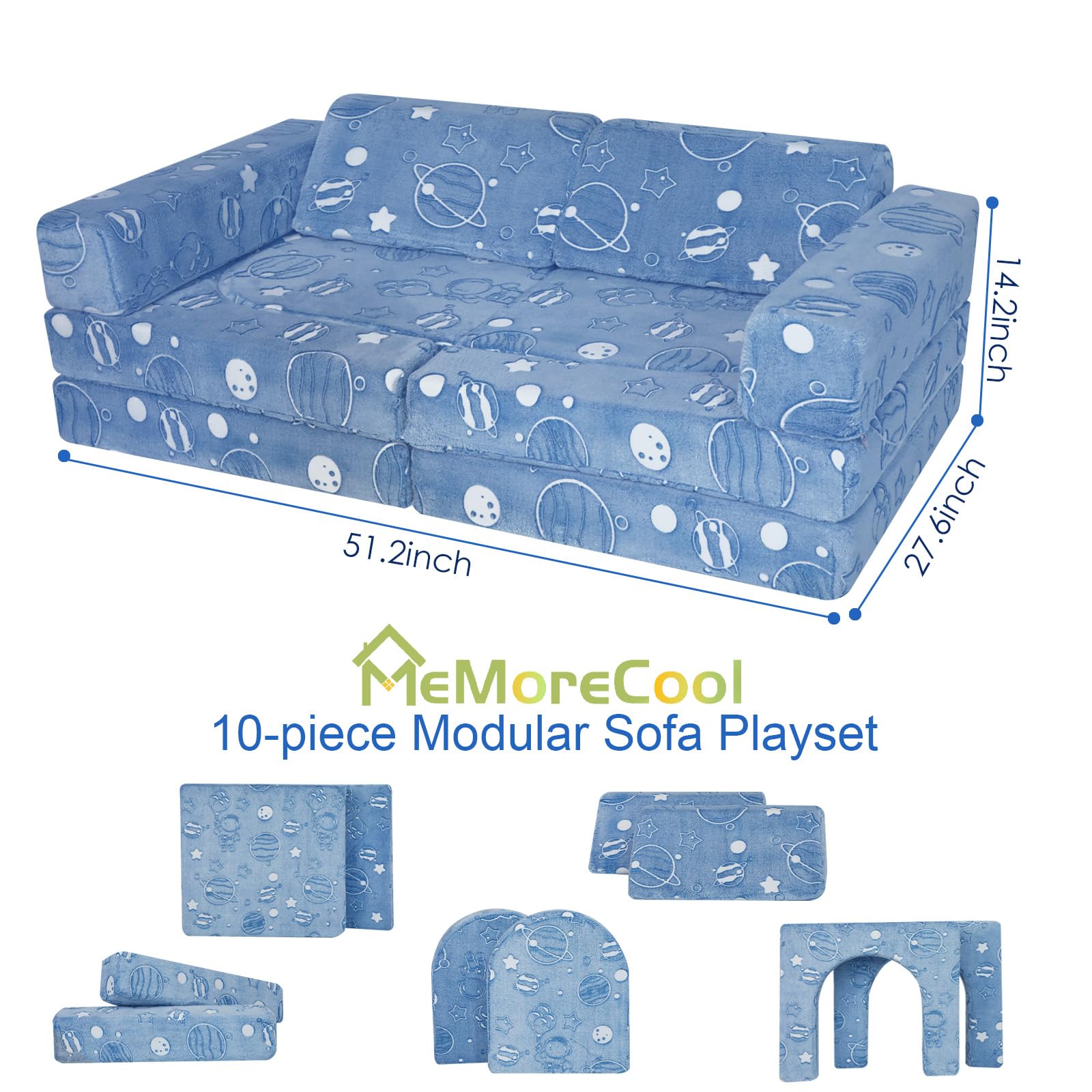 MeMoreCool Kids Couch - 10-Piece Modular Play Sofa for Boys & Girls | Foldable Playroom Furniture | Glow-in-the-Dark Space Theme | Perfect for Playrooms, Bedrooms & Daycare Centers