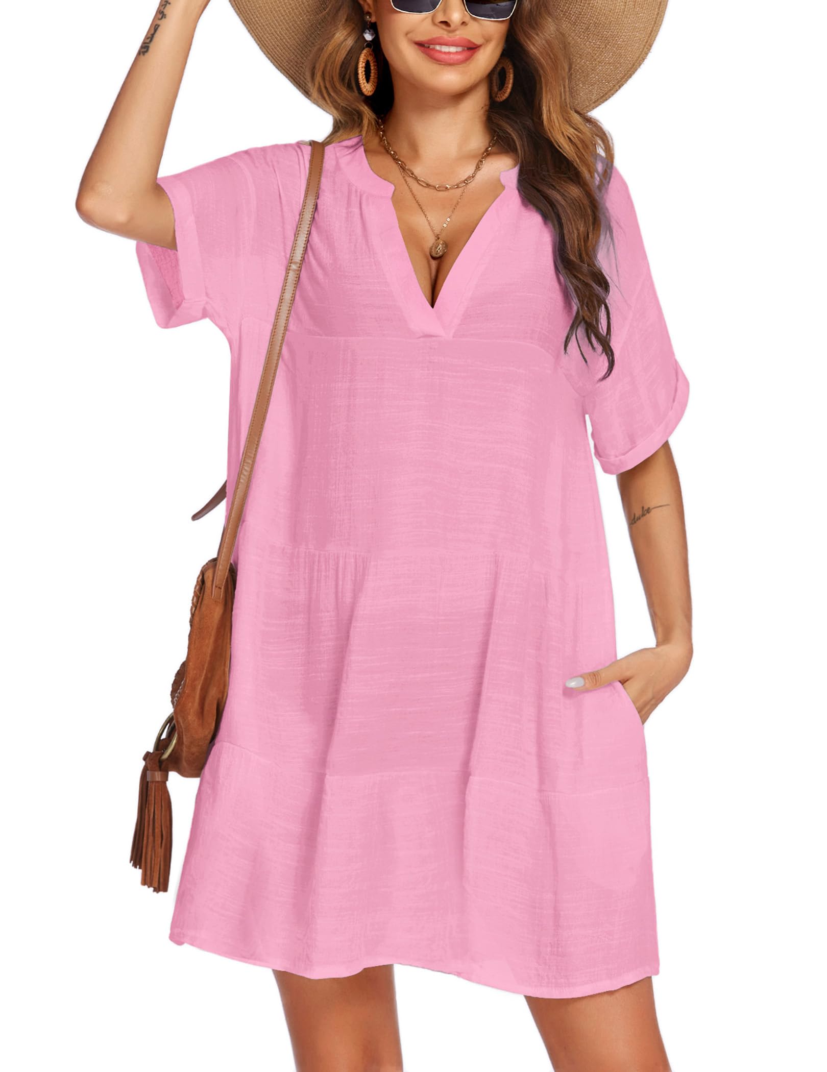 AI'MAGE Women's Swimsuit Cover Up Dress - Lightweight Bikini Beach Coverup with Pockets, A-Line Bathing Suit Dress for Pool, Vacation & Summer Outings