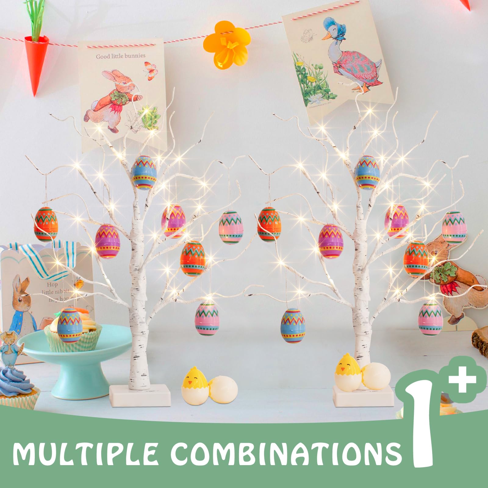 2FT 24LT Battery Powered Easter Egg Tree with Timer - Pre-lit White Birch Easter Decorations for Home, Party & Spring - Indoor/Outdoor Holiday Decor for Easter Celebrations, Garden & Living Room