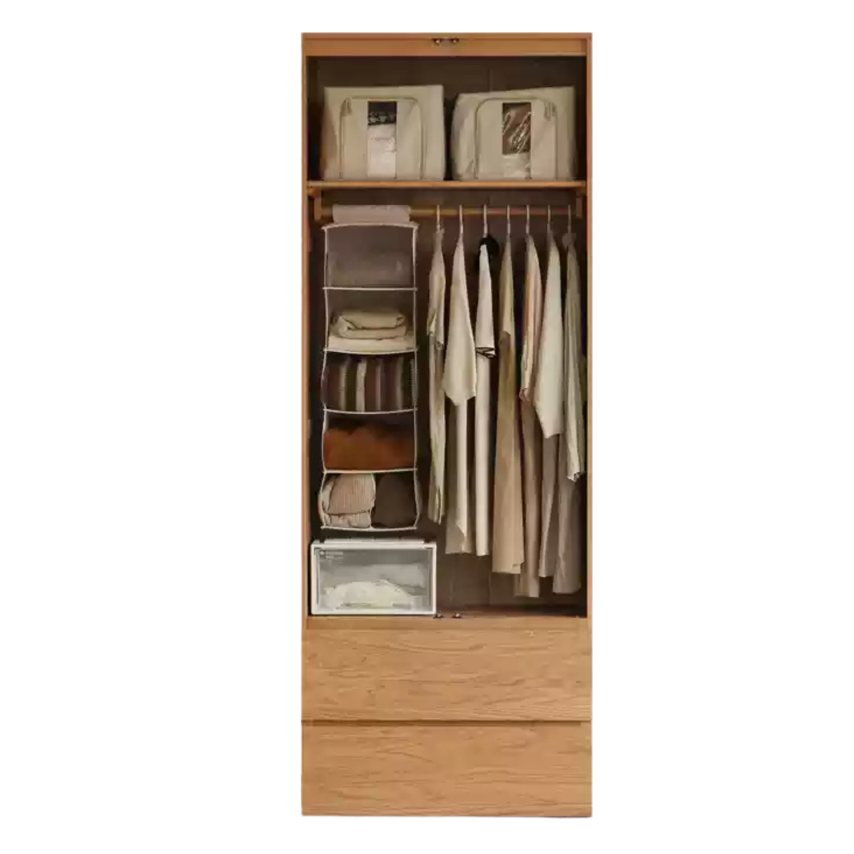 35.4x23.2x94.4 inch / 90x59x240cm / Natural wood color / wardrobe drawer style