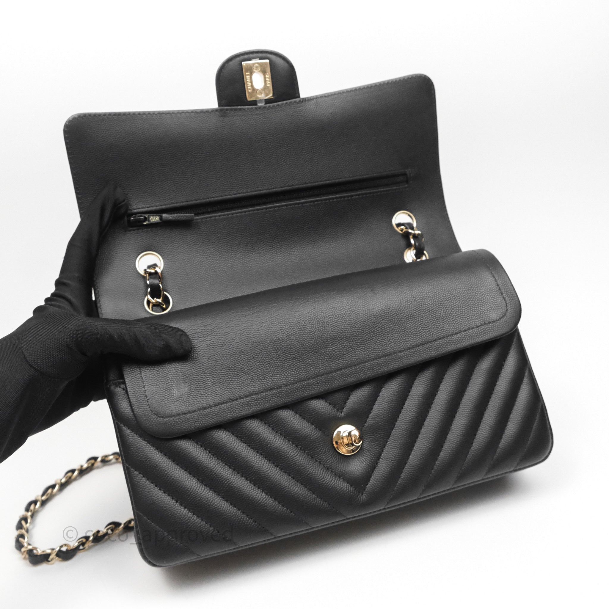 Chanel Classic Medium Flap Bag Chevron Black Caviar Leather with Gold Hardware - Luxury Designer Handbag for Women, Perfect for Work, Evening Events & Special Occasions